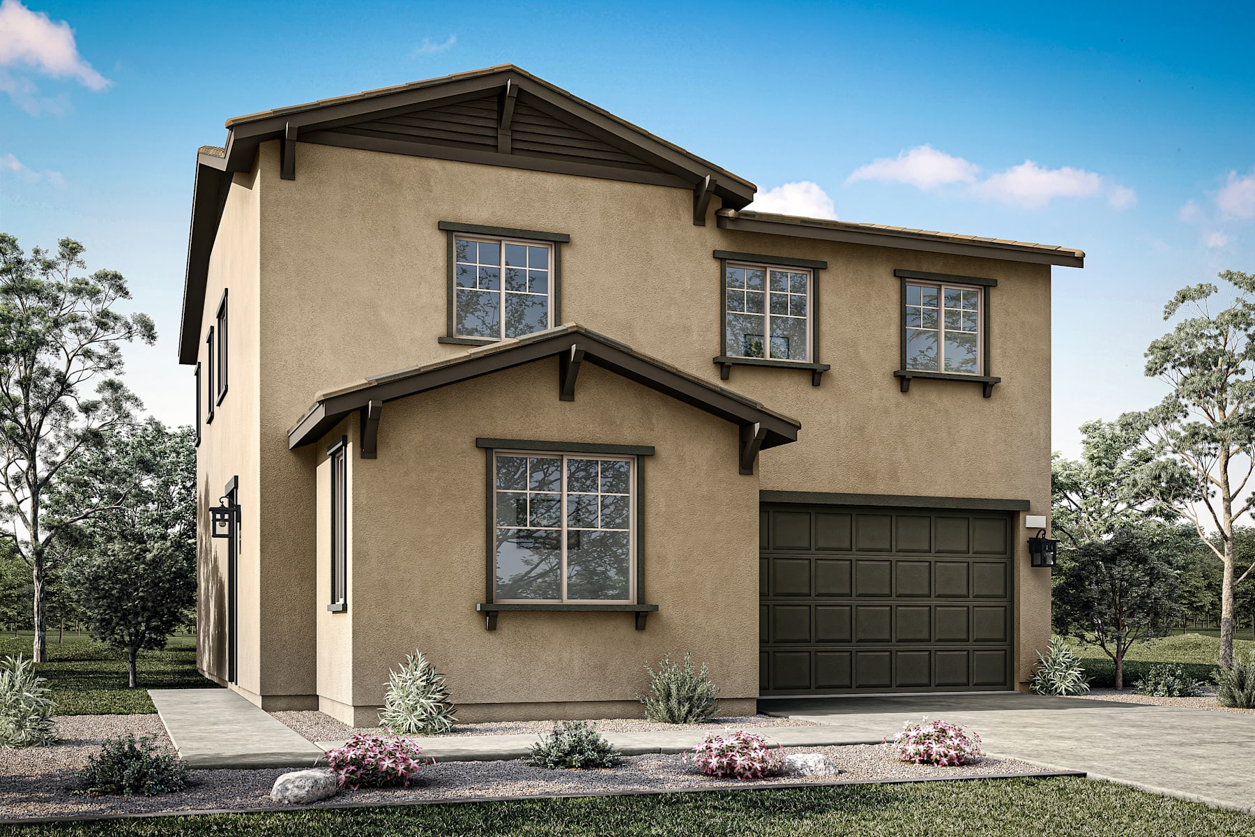 A two-story stucco house with a garage door, surrounded by landscaping and trees in the background.
