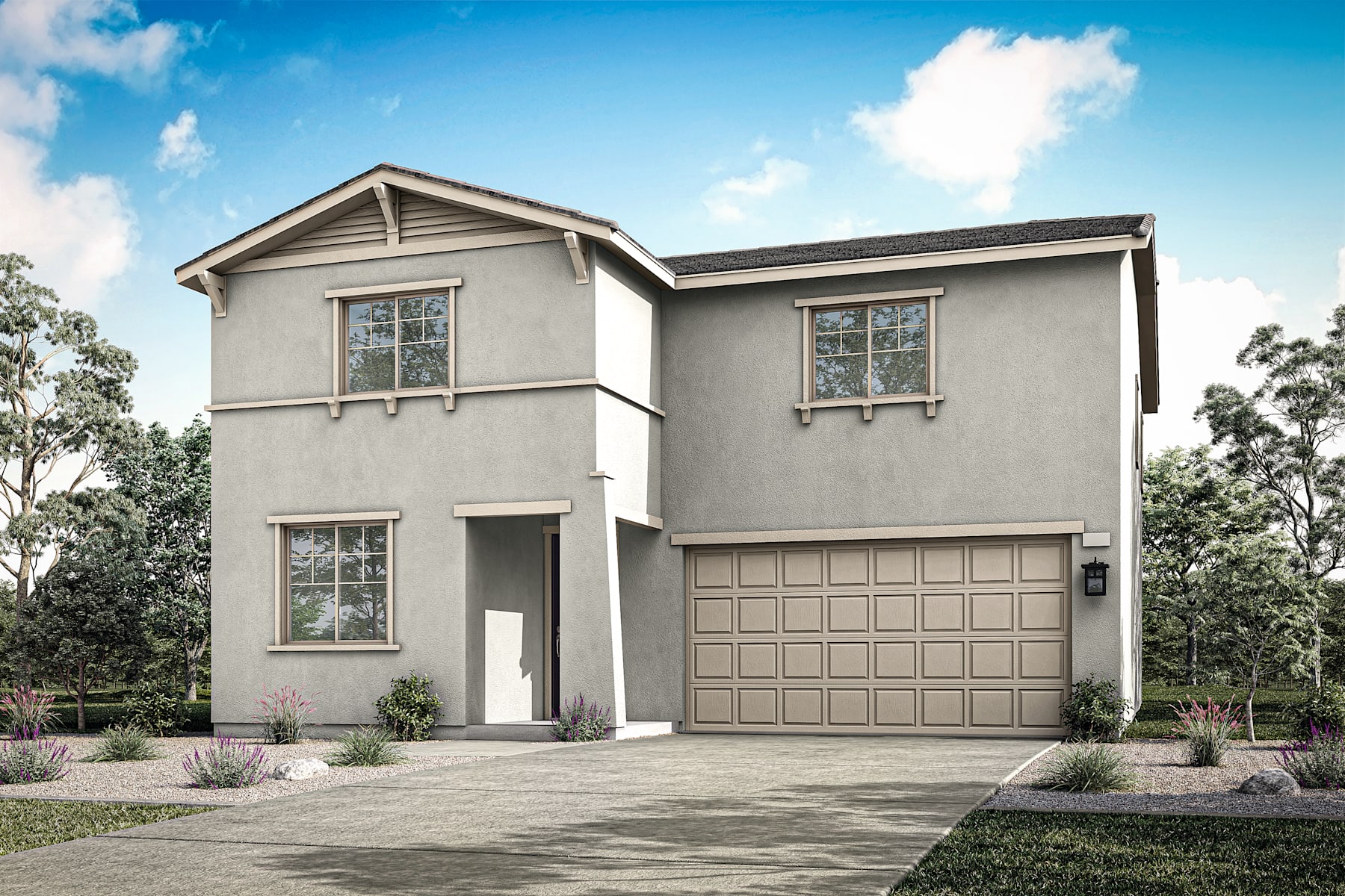 A two-story residential house with a garage door, surrounded by trees and a paved driveway leading to the front entrance.