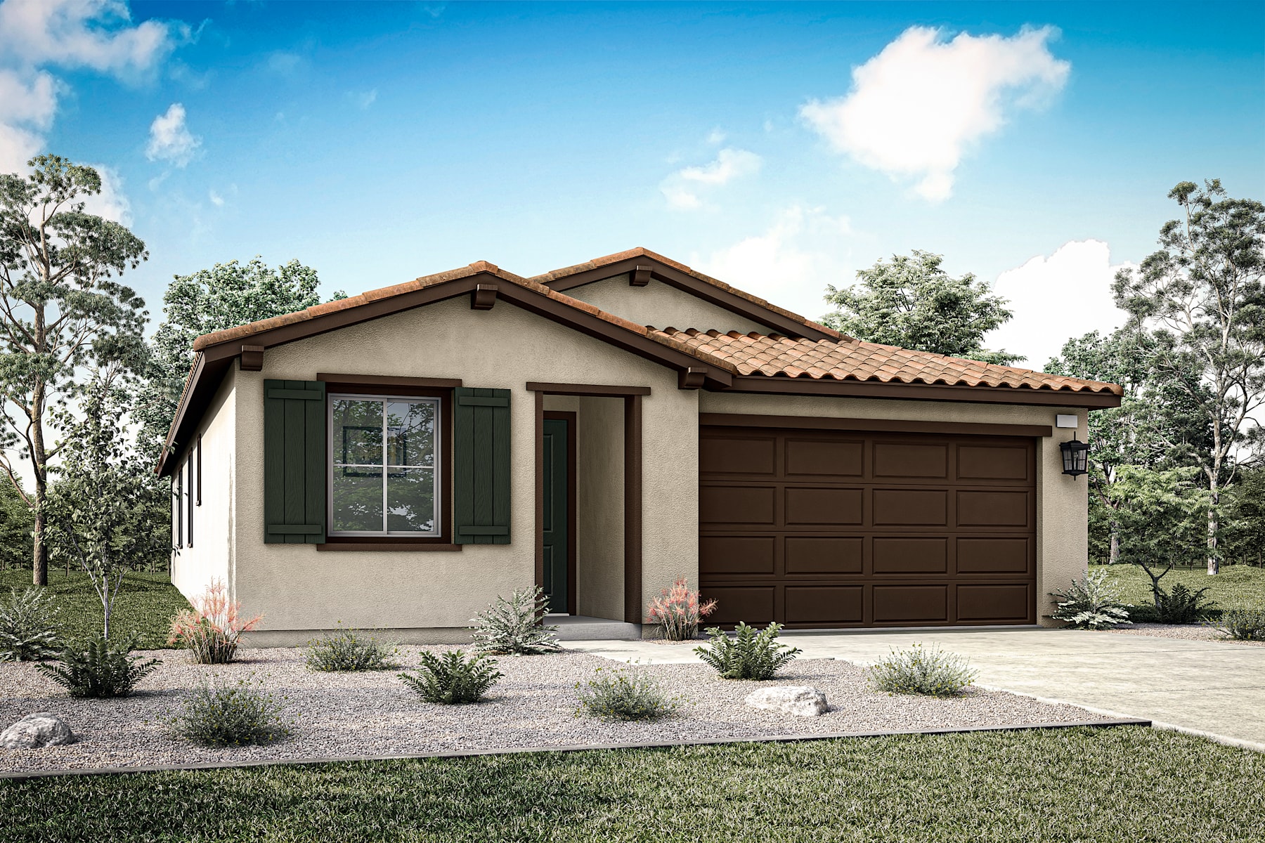 A single-story stucco house with a tiled roof, surrounded by lush greenery and a clear blue sky with fluffy white clouds.