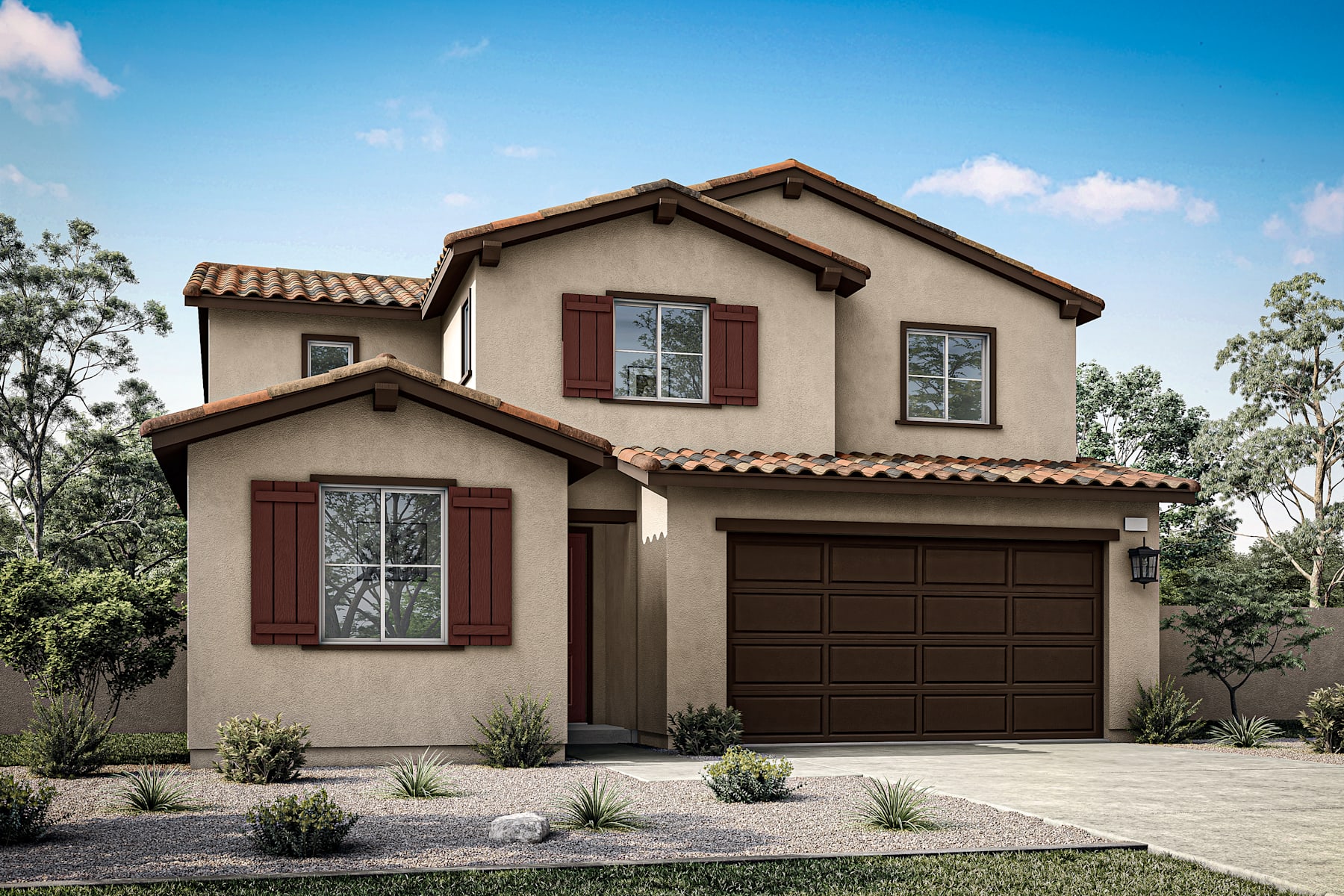 A two-story Mediterranean-style house with a tiled roof, brown garage door, and landscaped yard surrounded by trees against a blue sky with scattered clouds.