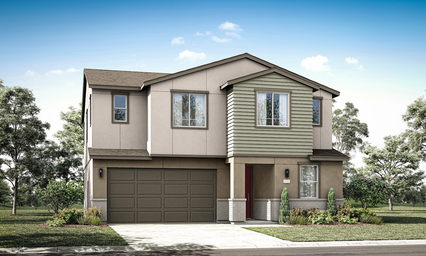 A two-story residential house with a garage, surrounded by trees and greenery in the background, stands in a well-maintained neighborhood.