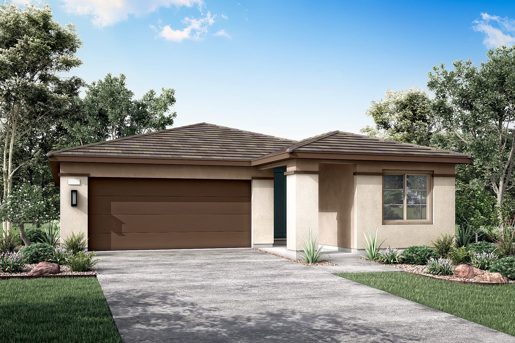 A single-story, beige-colored house with a brown tiled roof sits in a well-landscaped yard surrounded by trees and shrubs, under a clear blue sky.