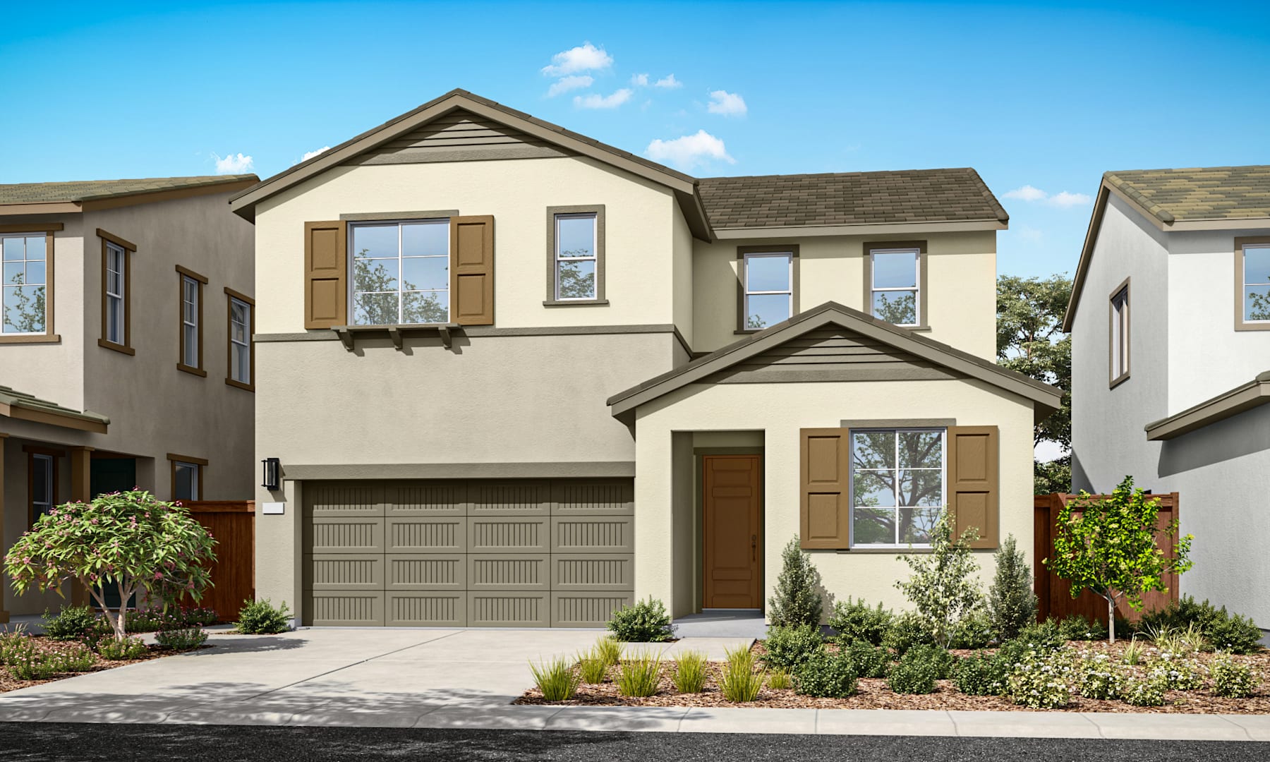 A two-story beige house with a garage, surrounded by landscaped greenery and a clear blue sky in the background.