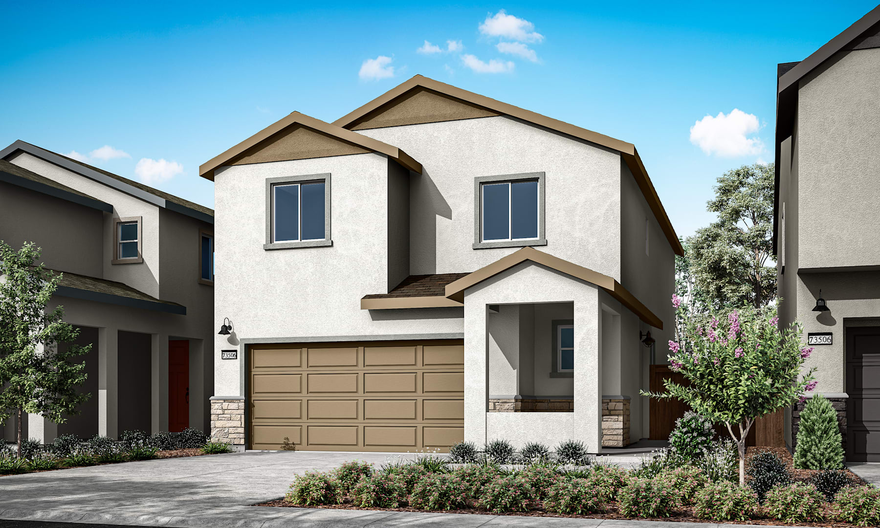 A modern two-story house with a black garage door, white exterior, and a well-landscaped front yard set against a blue sky with fluffy clouds.