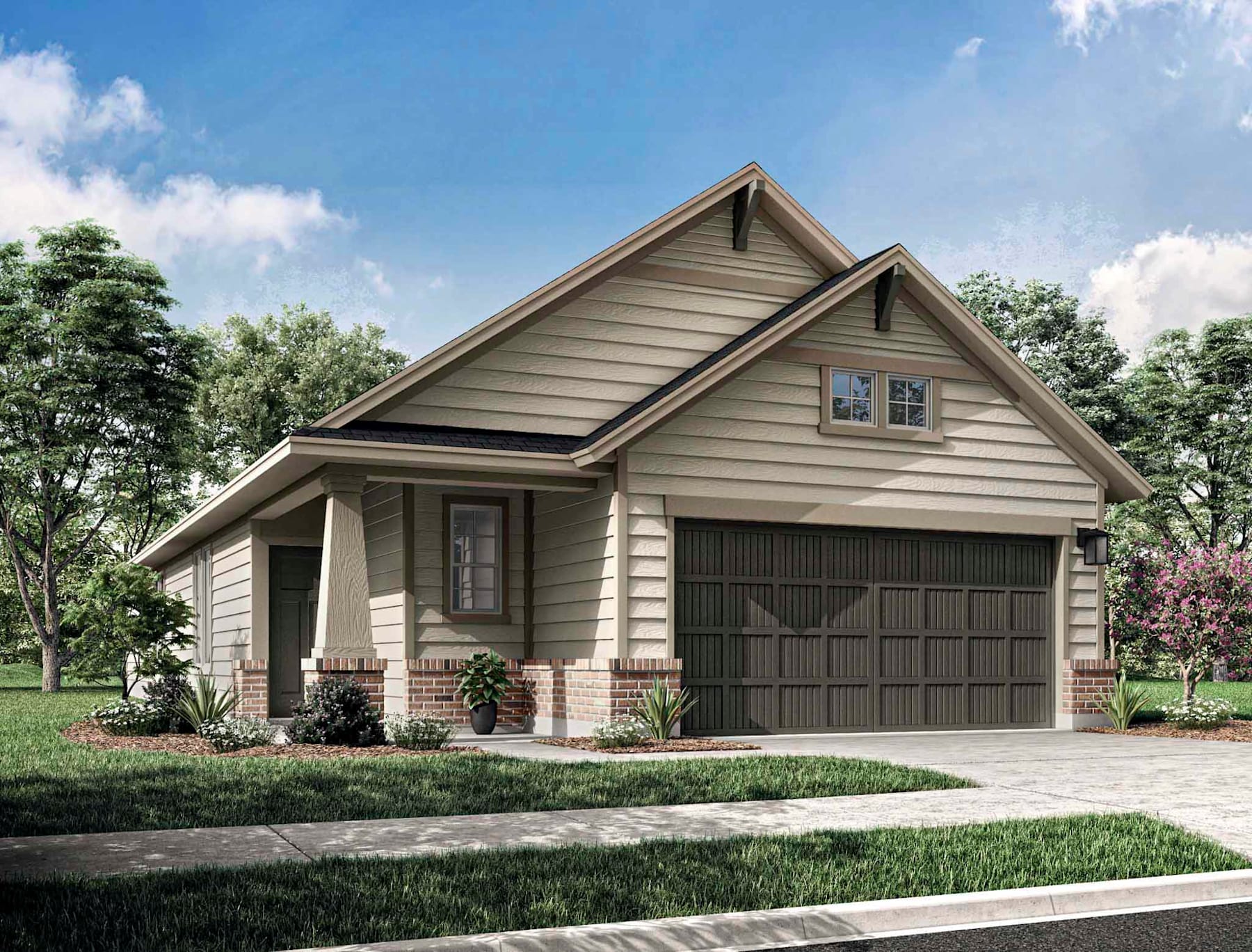 A two-story residential house with a garage, surrounded by lush greenery and a well-manicured lawn in the foreground.