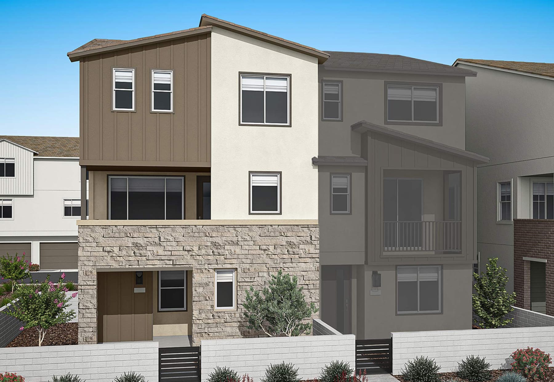 A multi-story residential building with a stone facade, surrounded by landscaping and other buildings in the background.