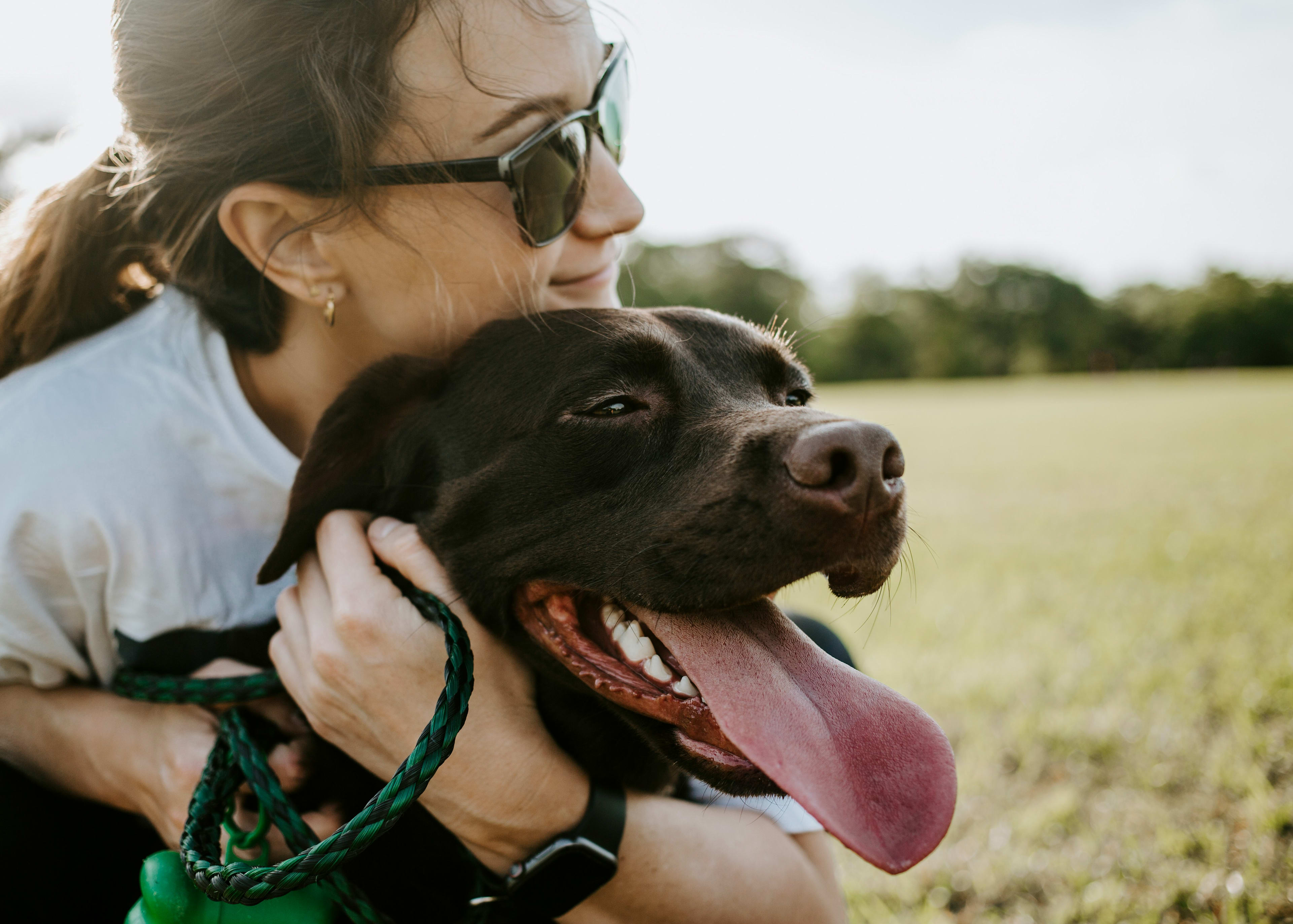 A woman in sunglasses is embracing a happy, black dog in a grassy field.
