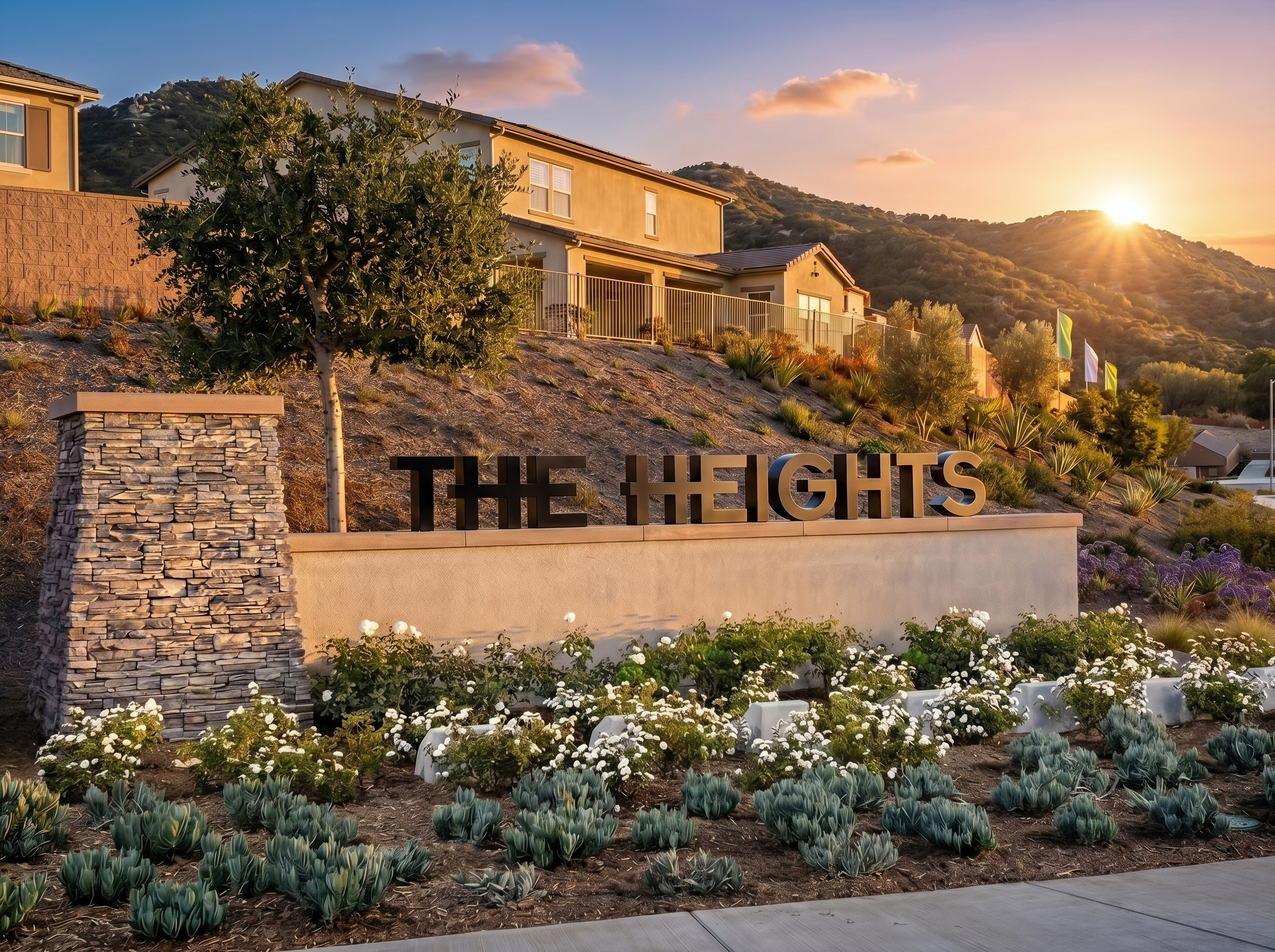A stone monument and lush landscaping front a sign for "THE HEIGHTS" with houses nestled into a sun-drenched hillside in the background.
