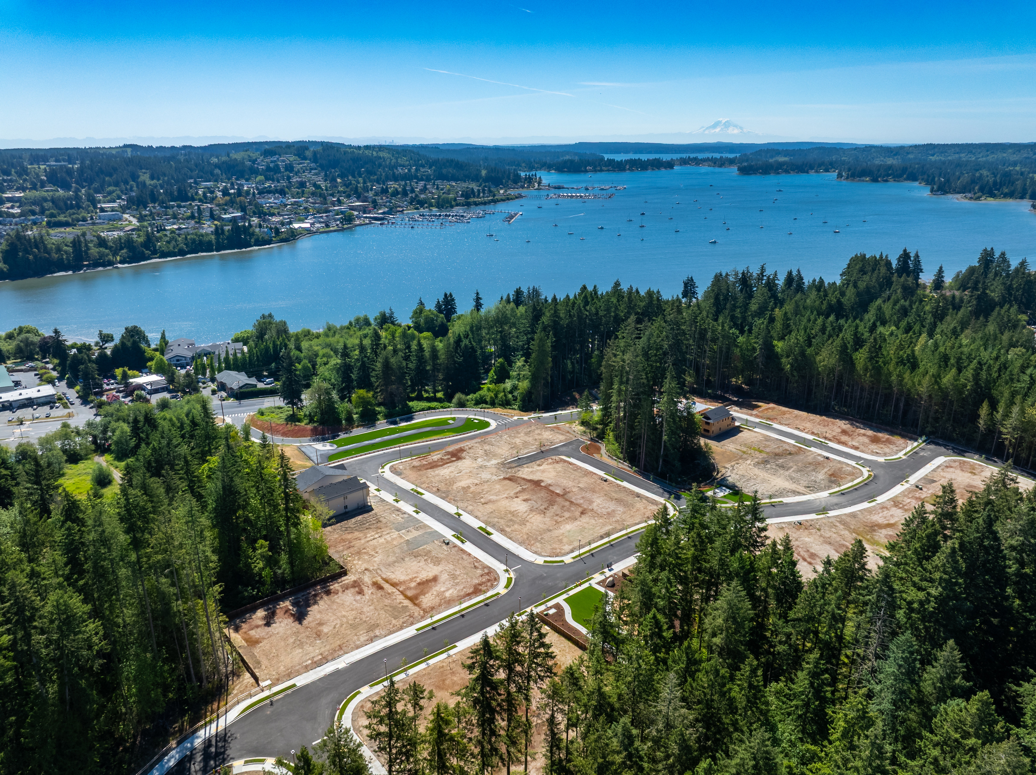 A new housing development with cleared lots and winding roads sits nestled among evergreen trees, overlooking a wide blue bay dotted with boats and a distant mountain range.