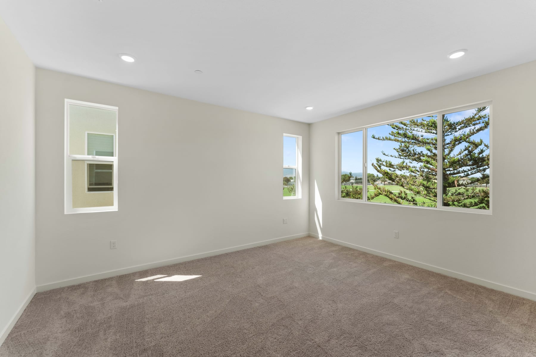 A spacious, well-lit room with a large window overlooking a pine tree-filled landscape, and a built-in shelf on the wall.