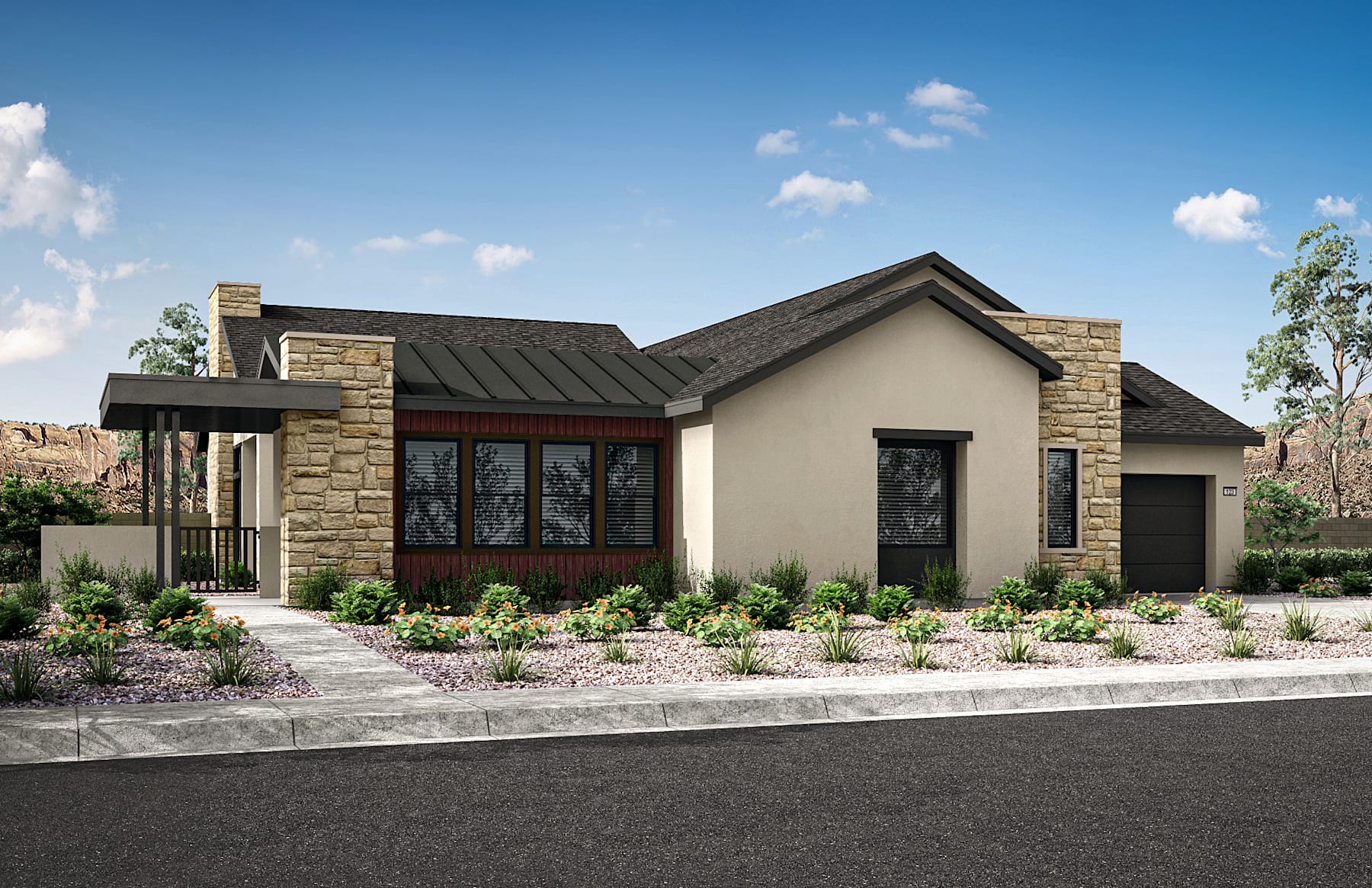 A modern, single-story house with a stone exterior, a slanted roof, and a well-landscaped front yard featuring a paved walkway and lush greenery against a clear blue sky with scattered clouds.