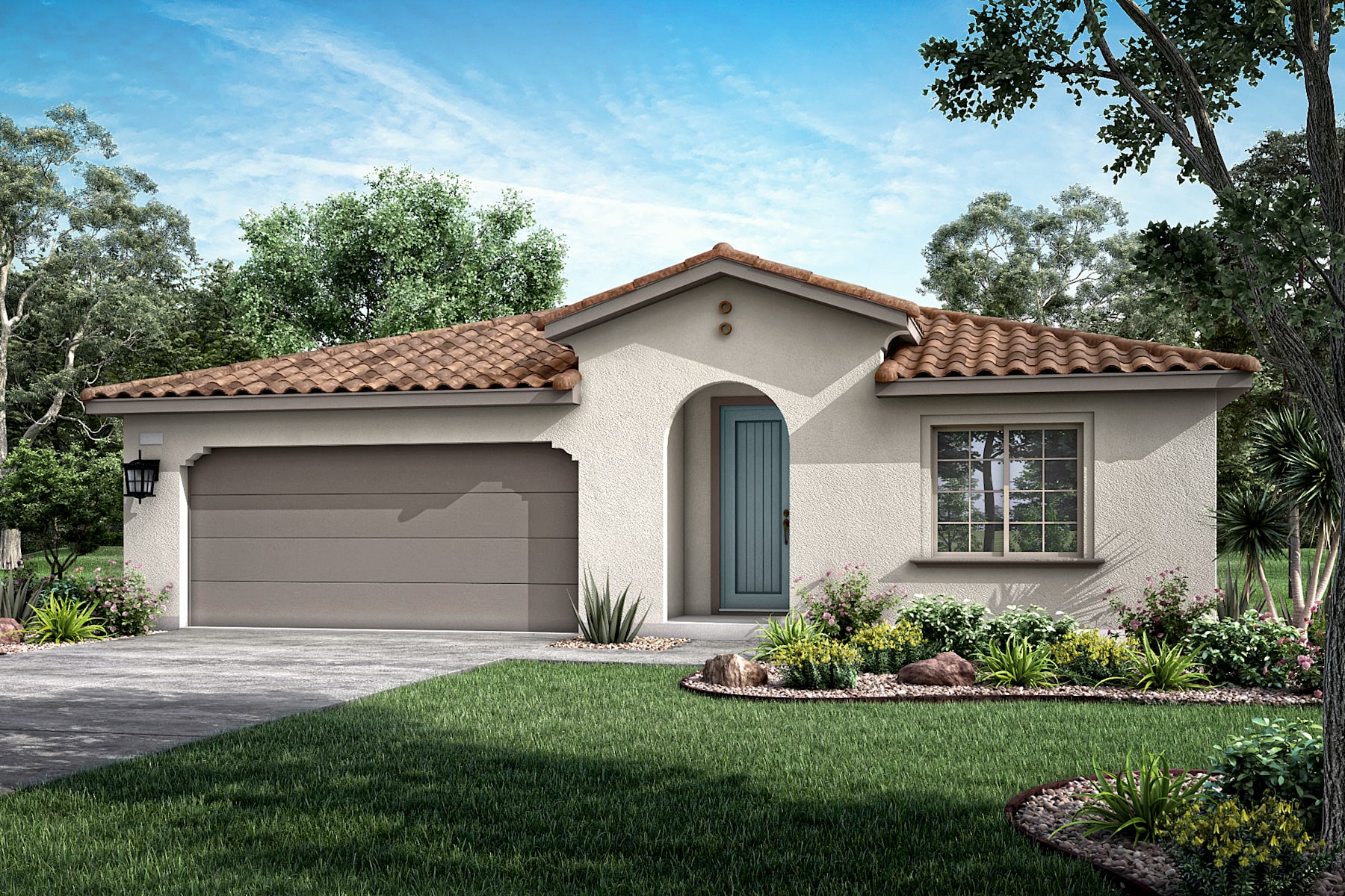 A single-story Mediterranean-style house with a tiled roof, surrounded by lush greenery and a well-manicured lawn in the foreground.