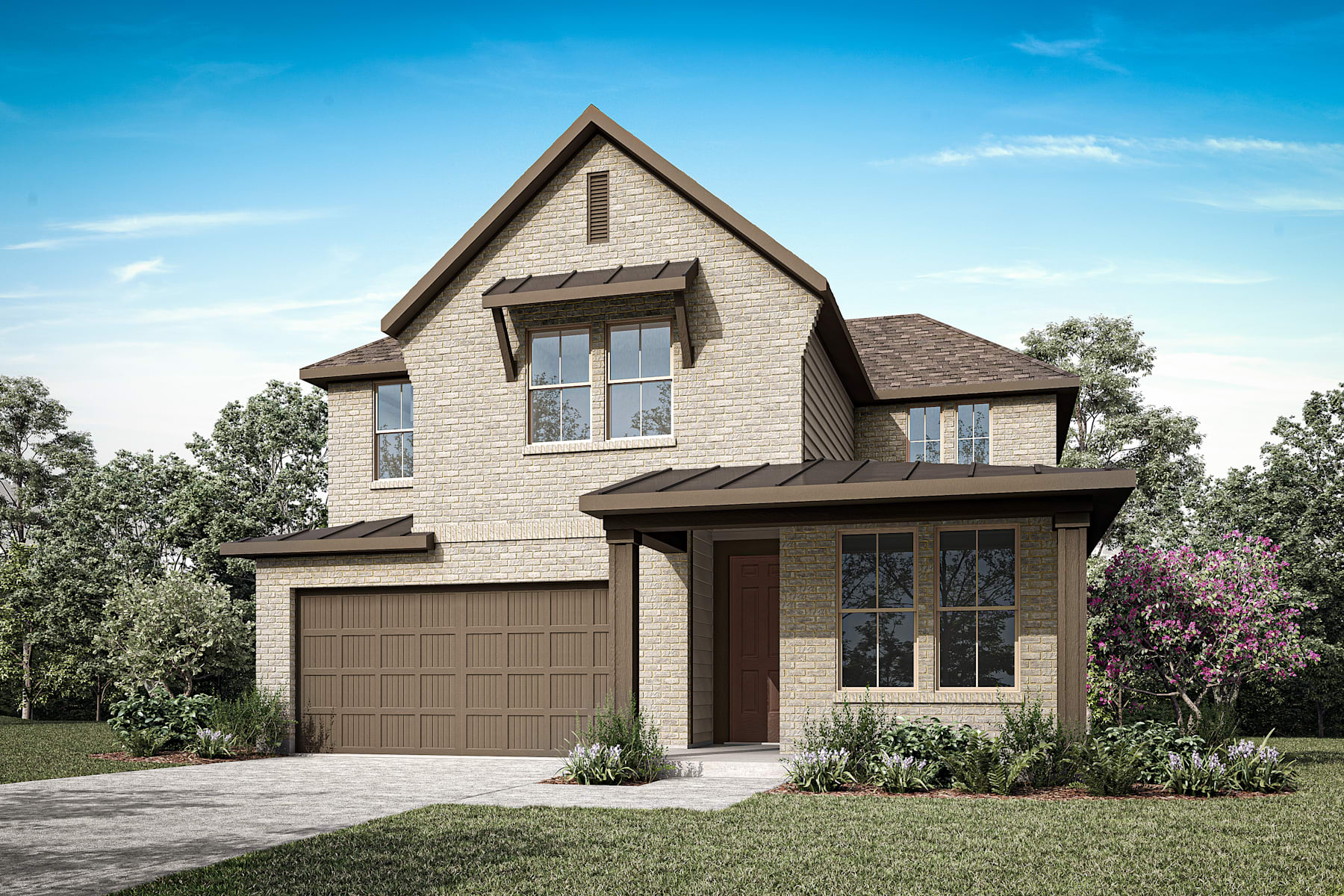 A two-story house with a gabled roof, surrounded by lush greenery and a paved driveway leading to a garage door.