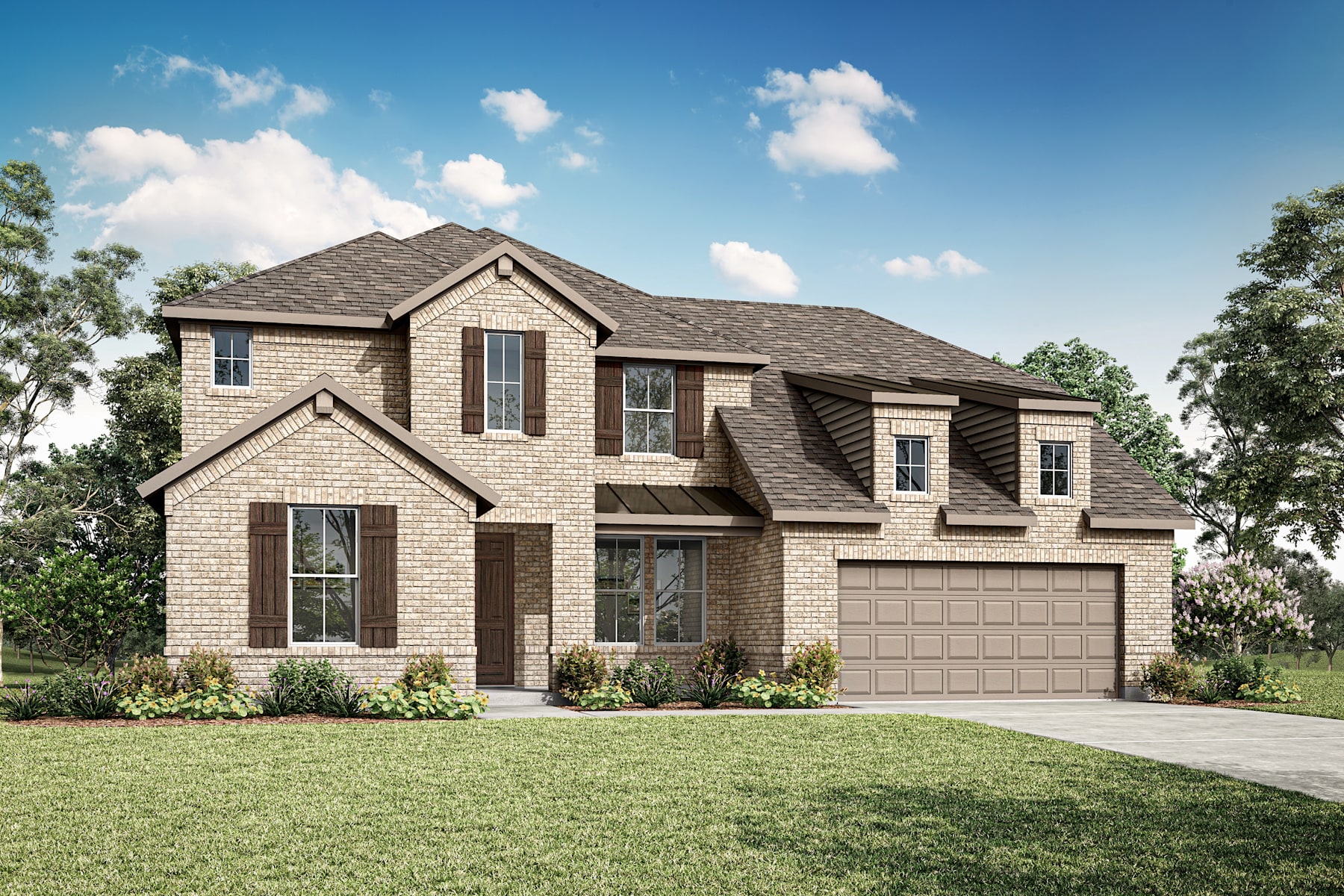 A two-story brick house with a garage, surrounded by a well-manicured lawn and lush trees against a clear blue sky with fluffy white clouds.
