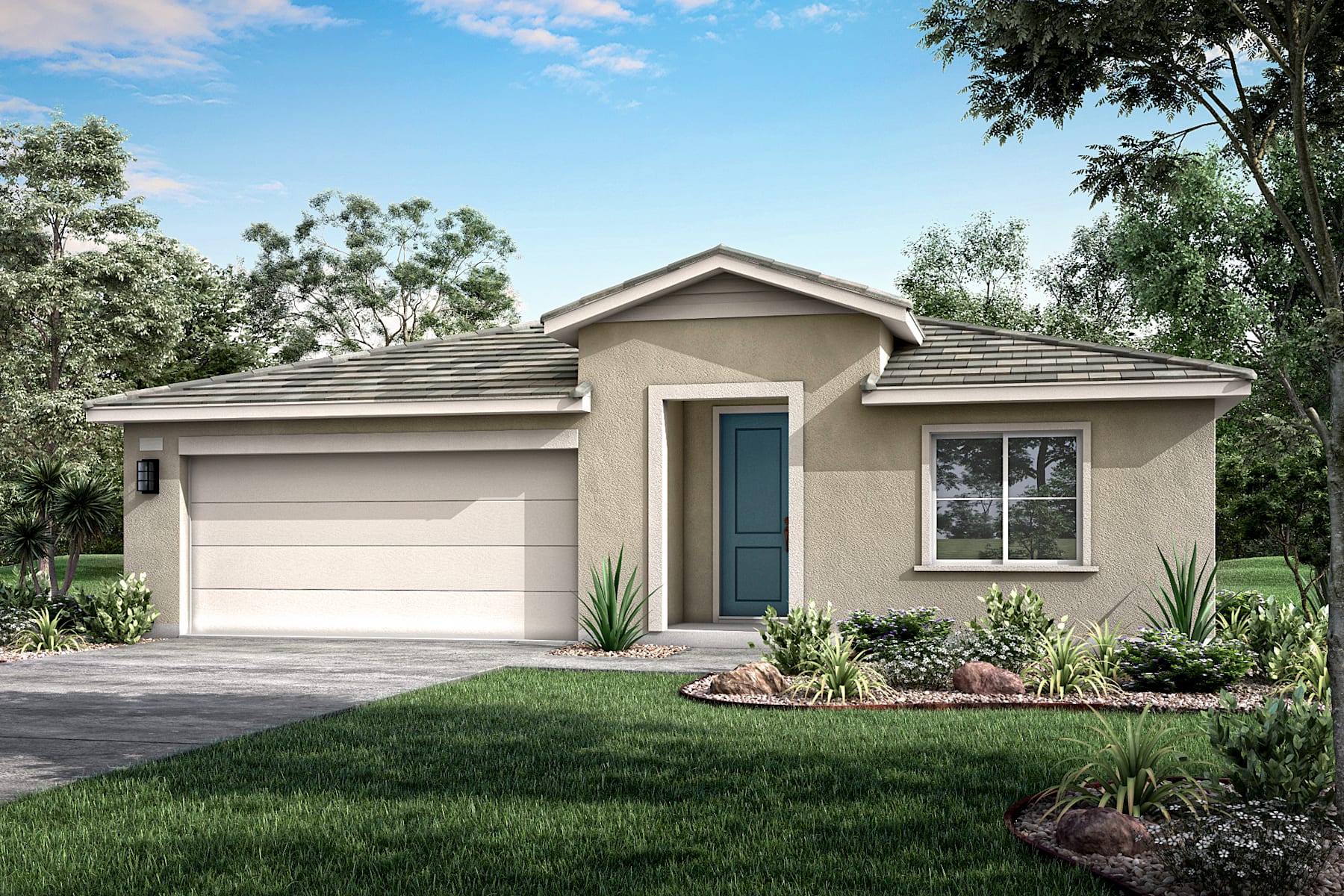 A single-story, beige-colored house with a tiled roof sits on a well-manicured lawn, surrounded by lush greenery and a clear blue sky.