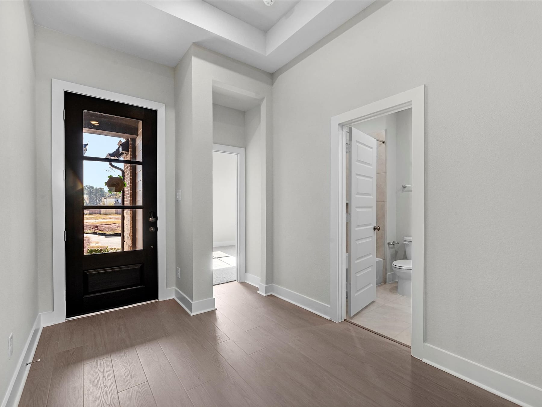 A bright and spacious hallway with a wooden floor, white walls, and a black wooden door leading to another room.