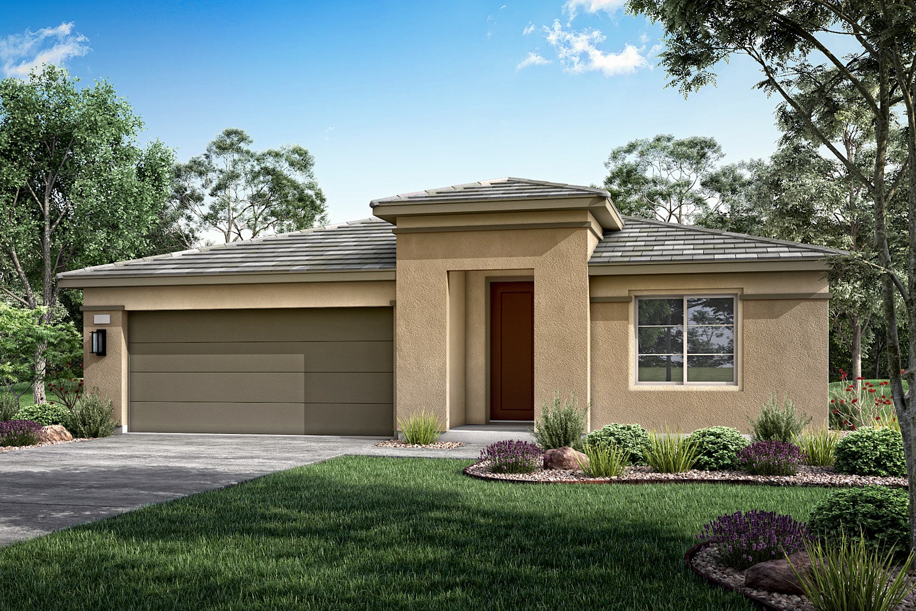 A single-story house with a tiled roof sits on a well-manicured lawn, surrounded by lush greenery and a clear blue sky.