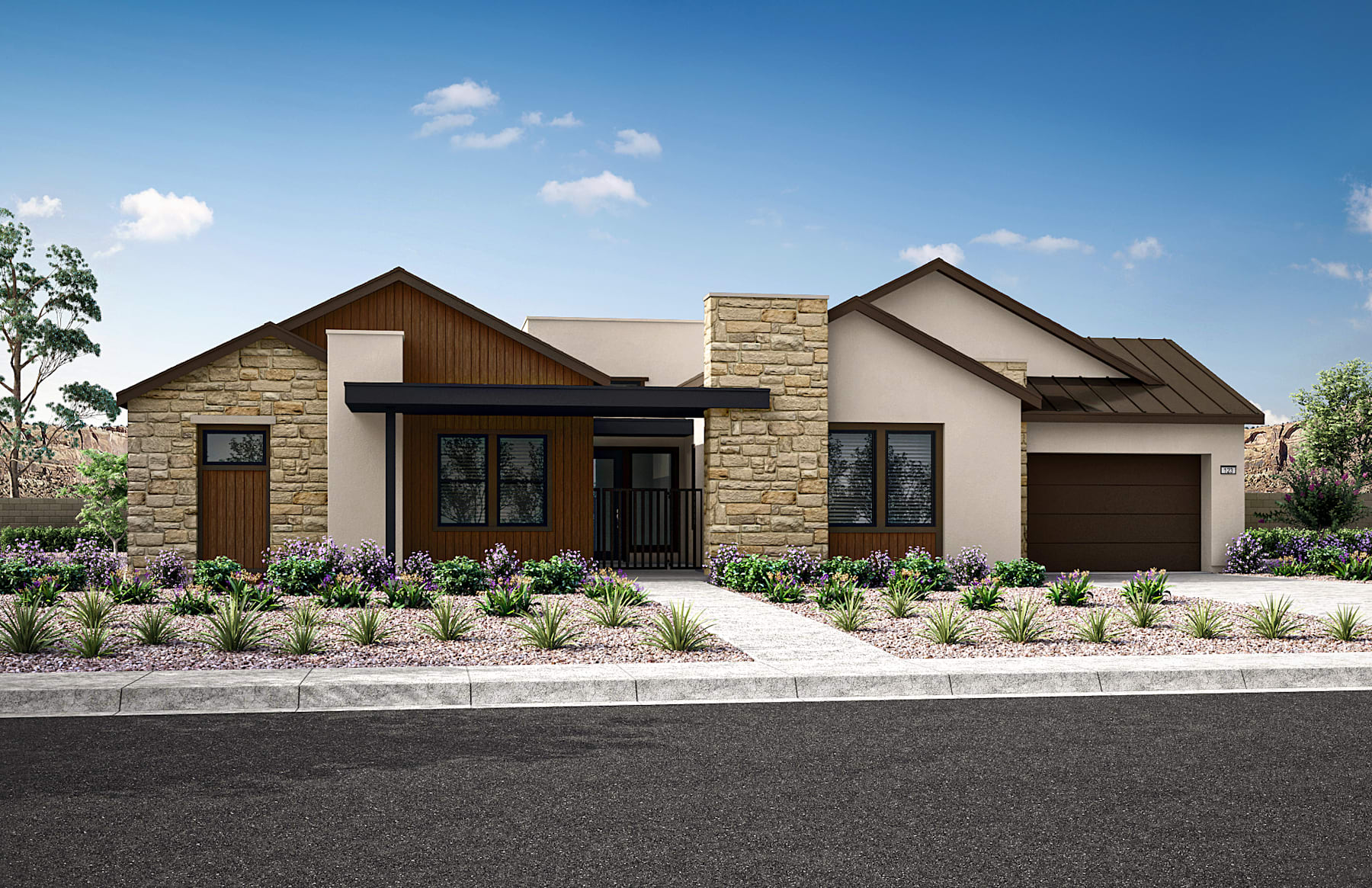 A modern, single-story house with a stone exterior, a slanted roof, and a well-manicured front yard featuring lush greenery and flowering plants.
