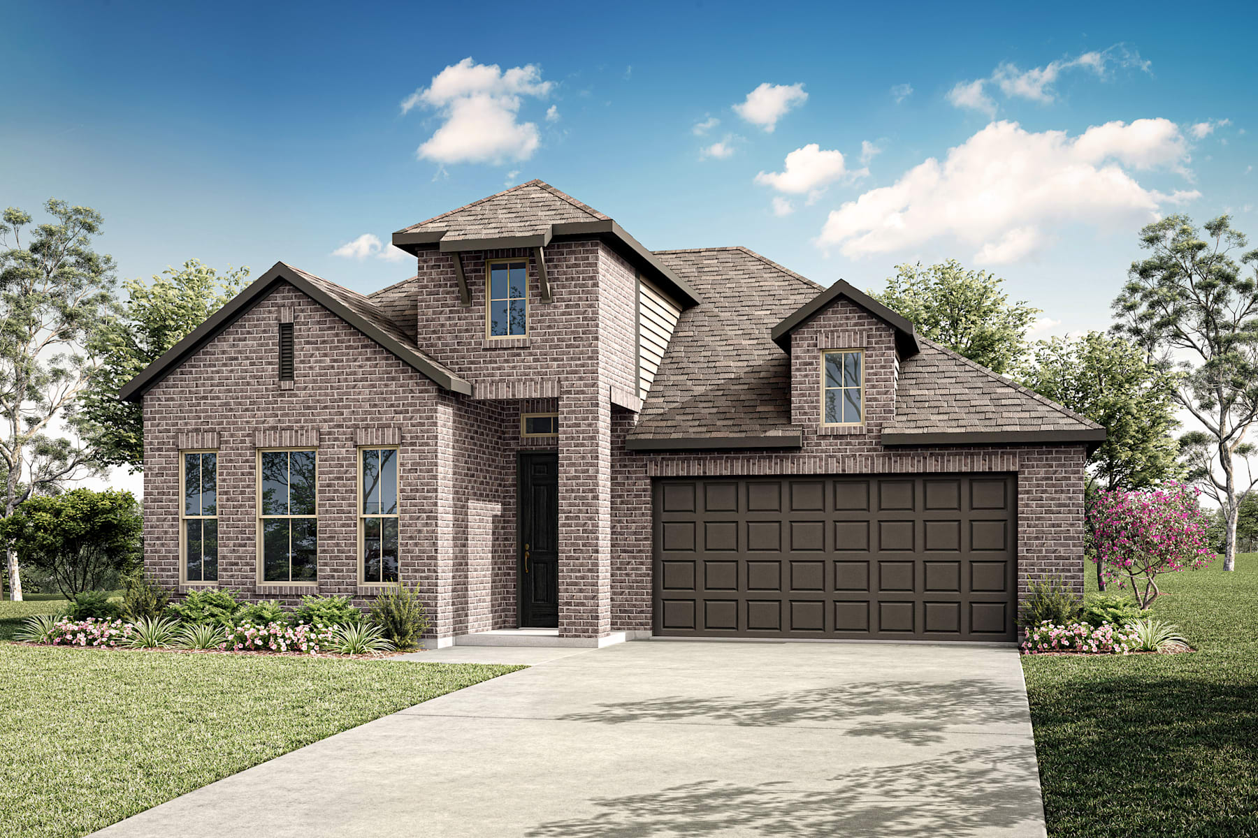 A two-story brick house with a gabled roof, surrounded by lush greenery and a clear blue sky with fluffy white clouds.