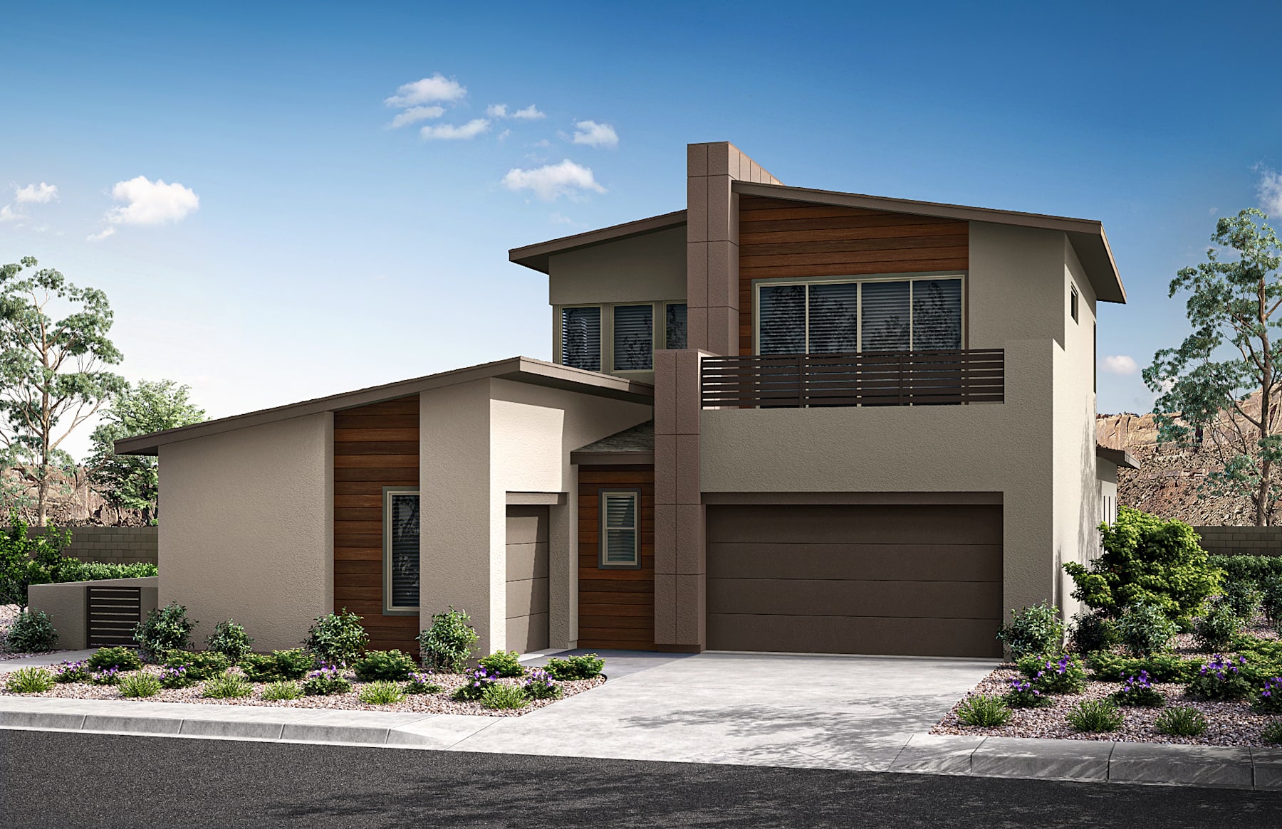 A modern two-story house with a garage, surrounded by lush greenery and a clear blue sky in the background.