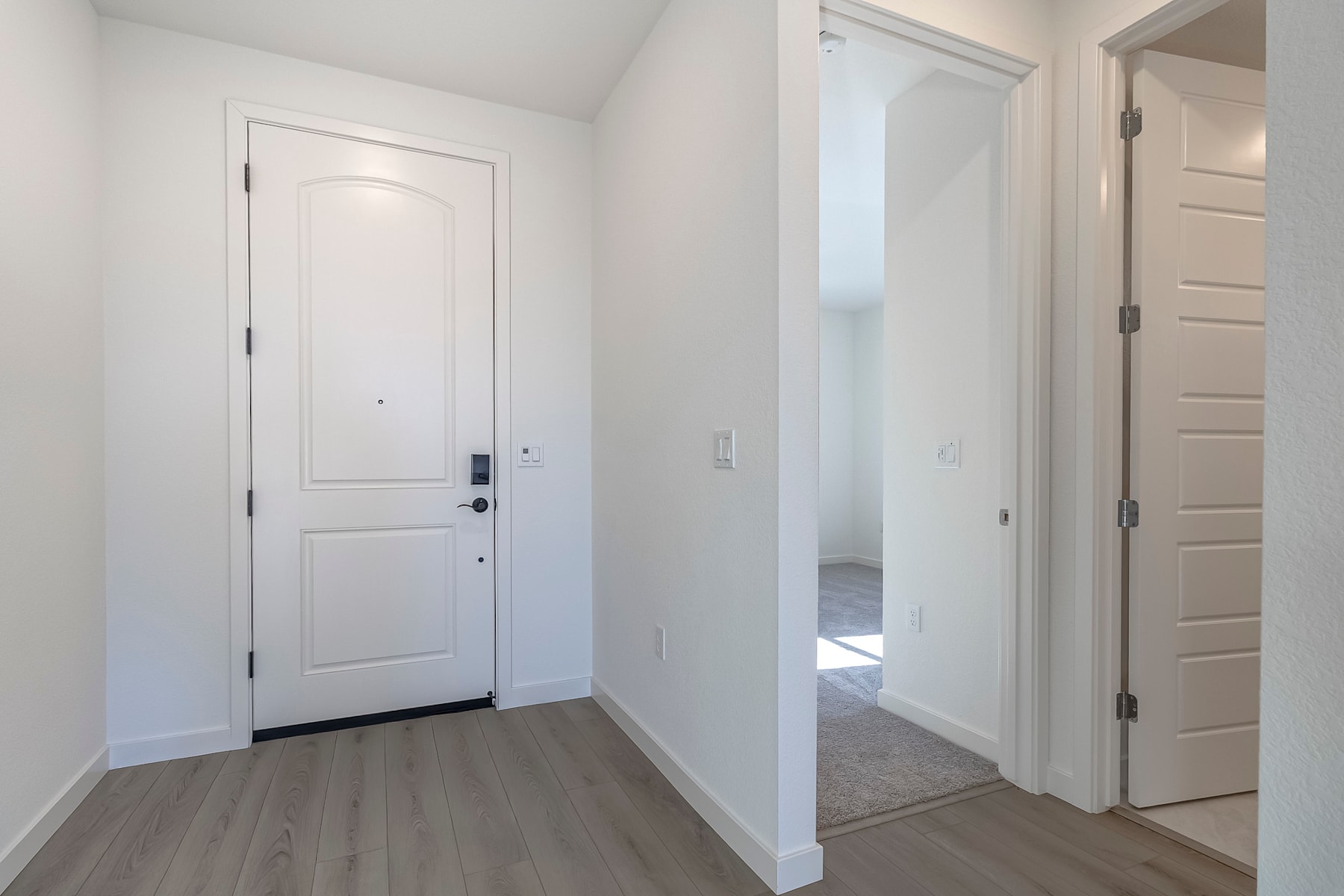 A bright, minimalist hallway with a white door and wooden flooring leading to additional rooms.