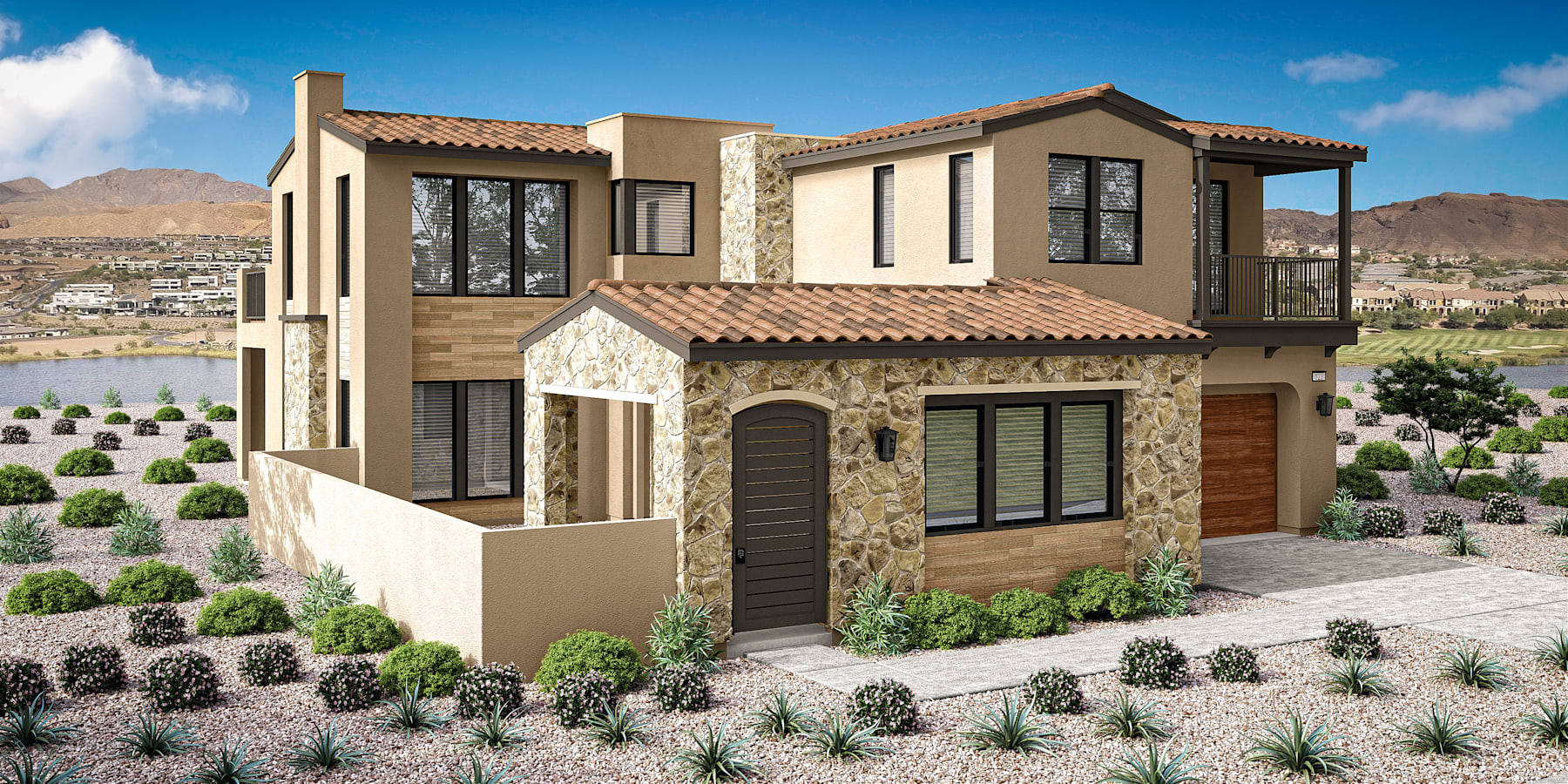 A two-story Mediterranean-style house with stone and stucco exterior, surrounded by a well-landscaped yard featuring various plants and shrubs, set against a backdrop of mountains in the distance.
