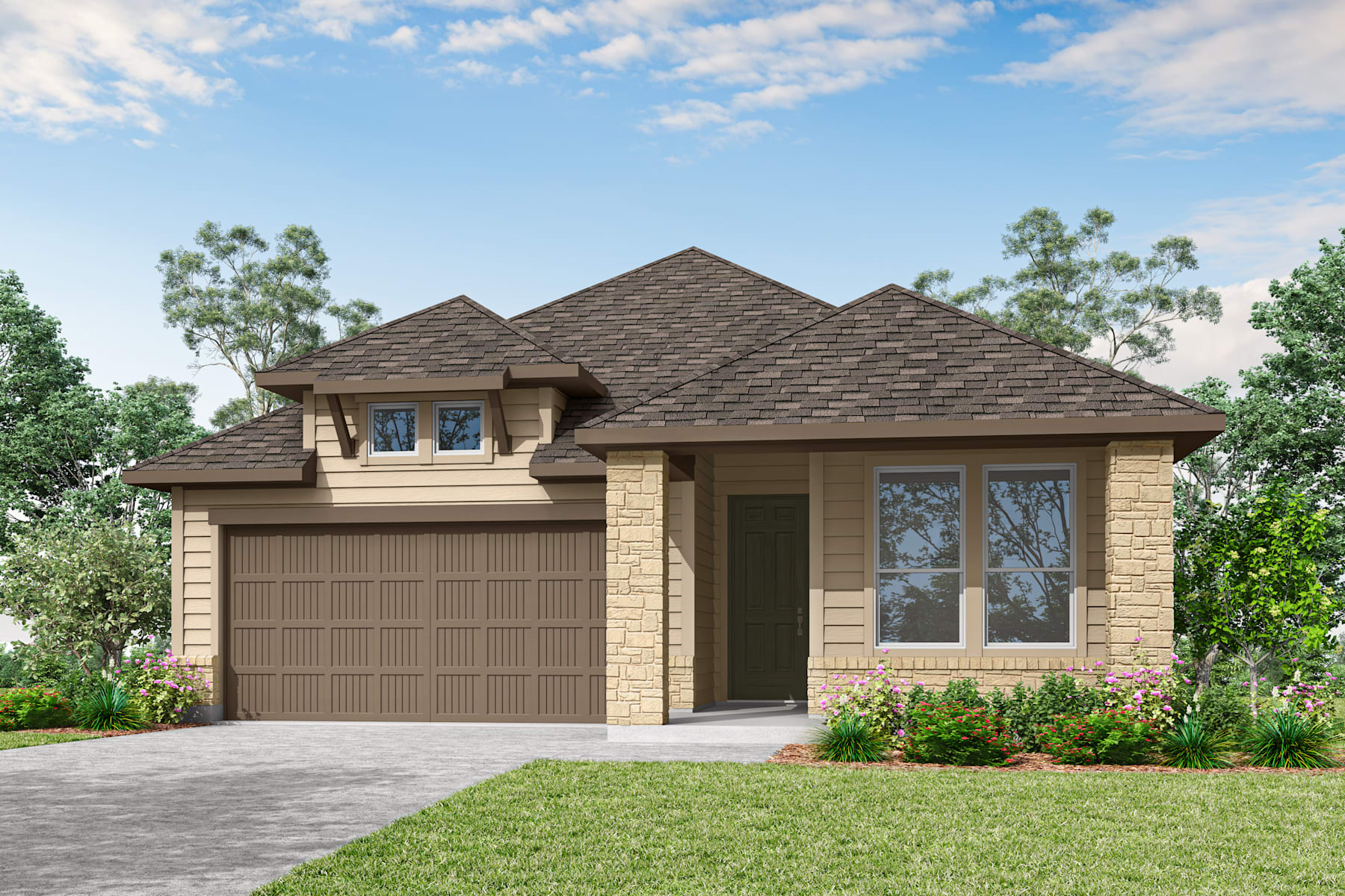 A two-story house with a brown roof, tan exterior, and a garage door sits on a grassy lawn surrounded by trees against a blue sky with scattered clouds.