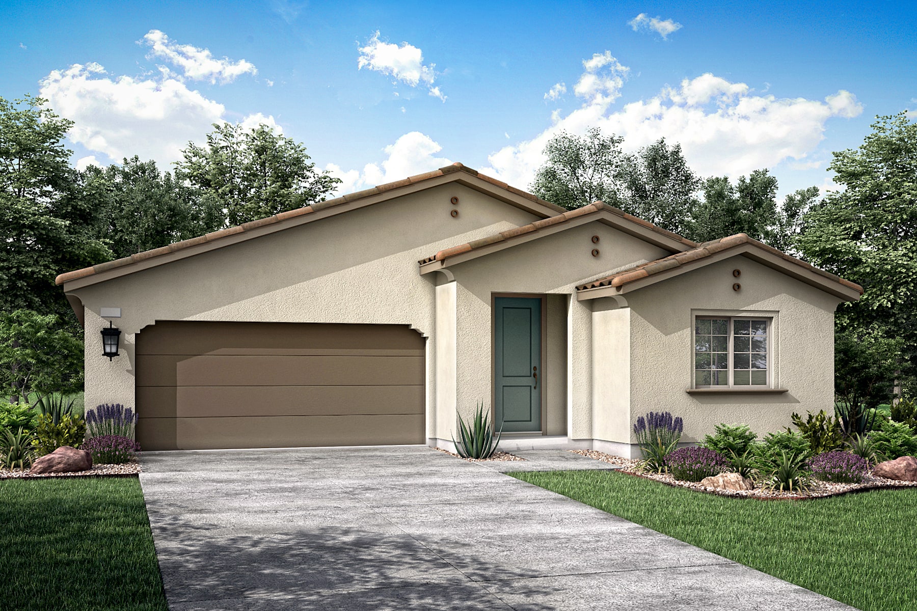 A single-story, beige-colored house with a garage door and a landscaped yard in the foreground, set against a backdrop of blue sky with fluffy white clouds.