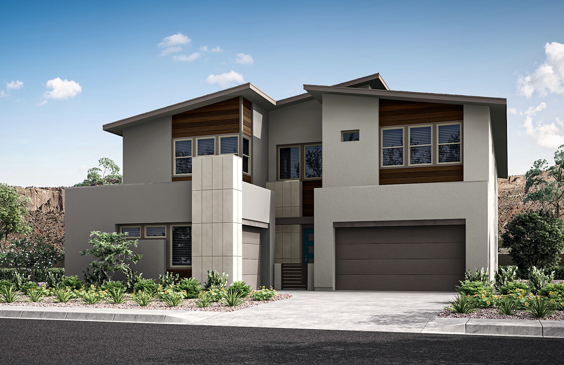 A modern two-story residential house with a garage, surrounded by lush greenery and set against a clear blue sky.