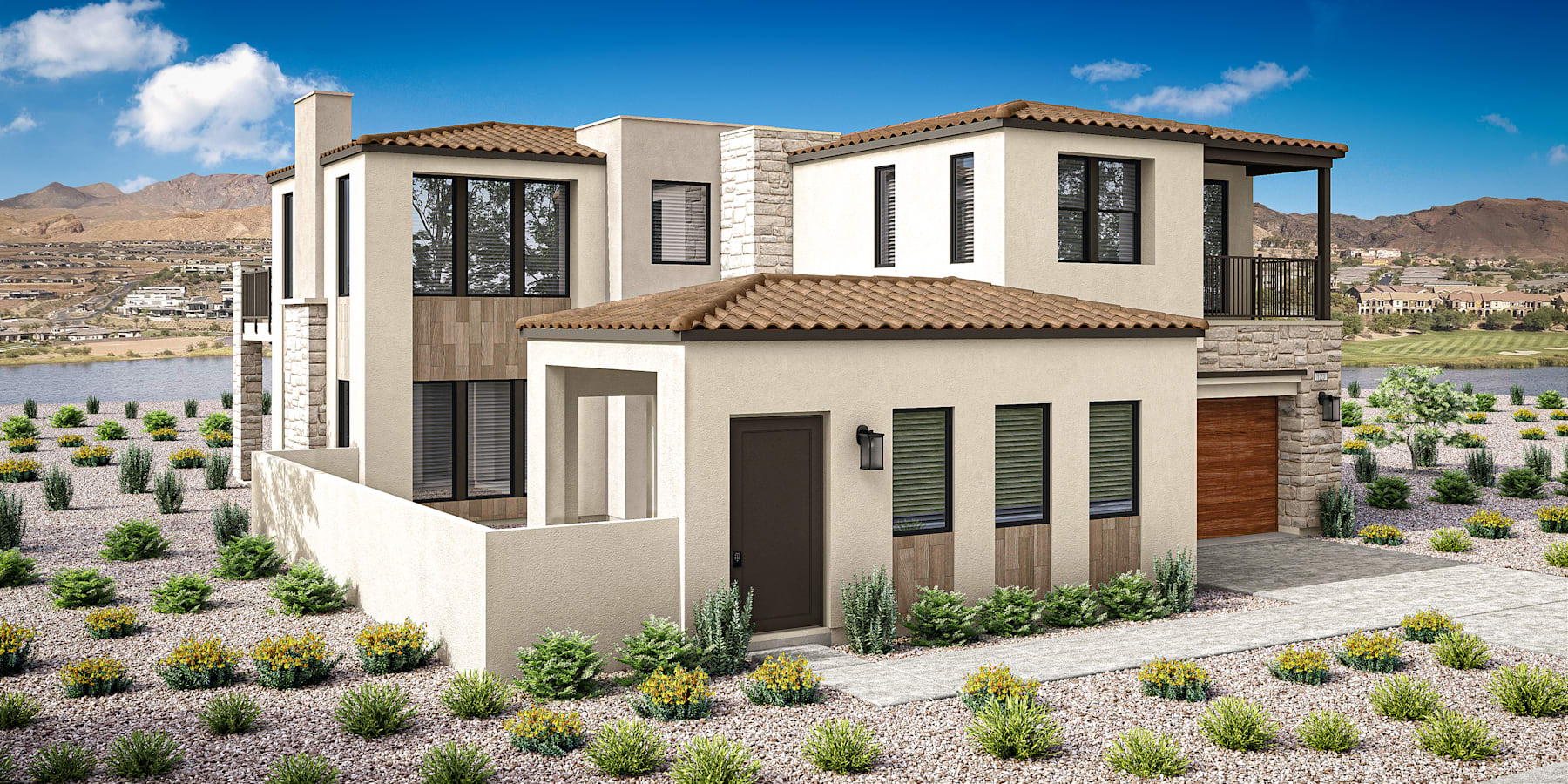 A modern, two-story Mediterranean-style house with a tiled roof, surrounded by a well-landscaped garden featuring various plants and shrubs, set against a backdrop of mountains and a clear blue sky.