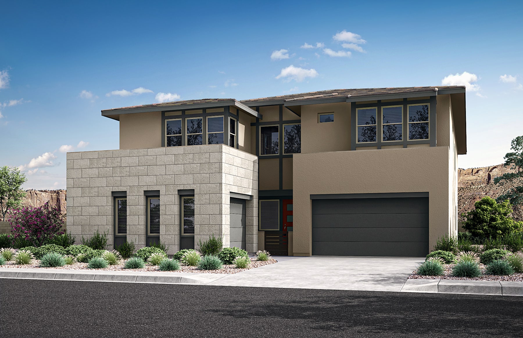 A modern two-story house with a garage, surrounded by landscaped gardens and a paved driveway, set against a clear blue sky with scattered clouds.
