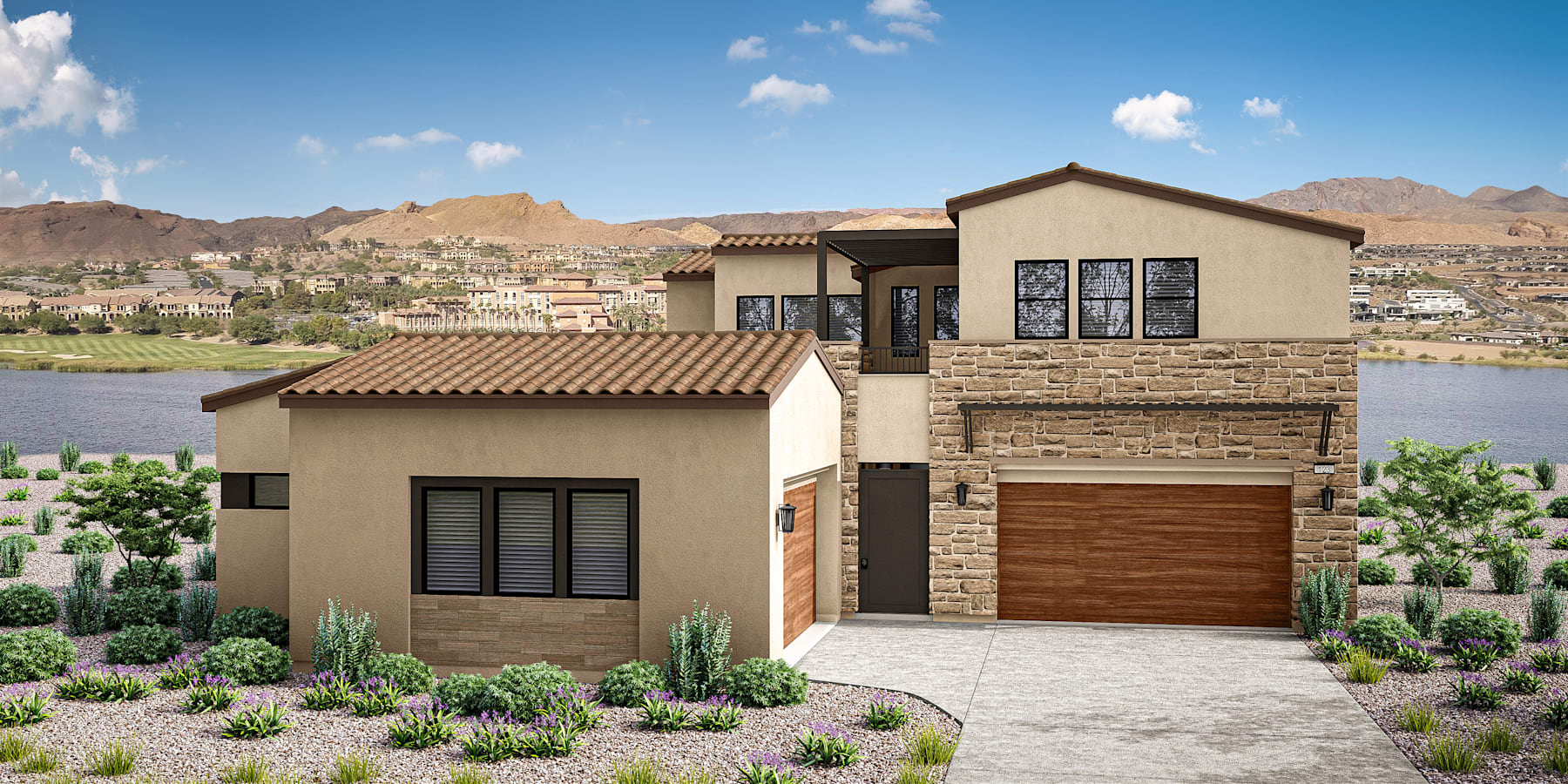 A two-story Mediterranean-style house with a tiled roof, stone and stucco exterior, and a wooden garage door sits in the foreground, surrounded by lush landscaping and overlooking a mountainous desert landscape in the background.