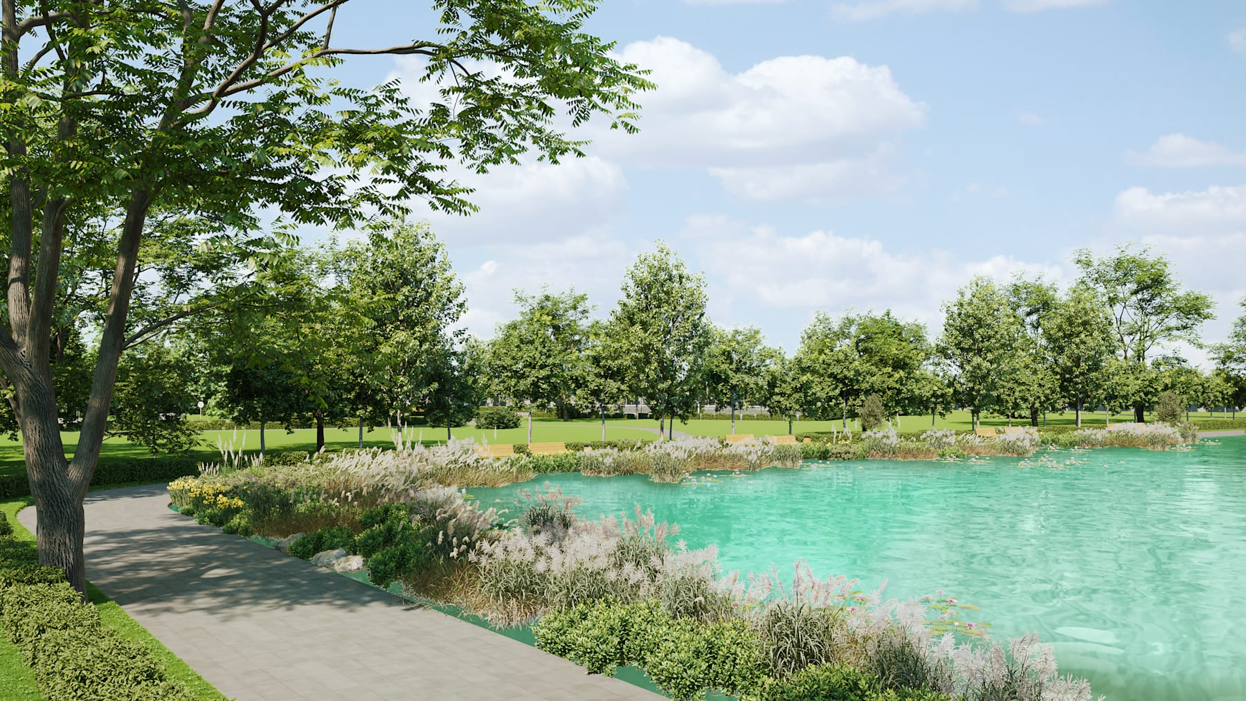 A serene park-like setting with a tranquil, turquoise-colored pond surrounded by lush greenery, including trees and vegetation along the water's edge, under a bright, cloudy sky.