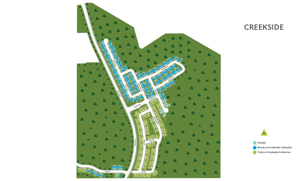 The image depicts a map of a residential area called Creekside, with various residential buildings, roads, and green spaces represented in a stylized manner.