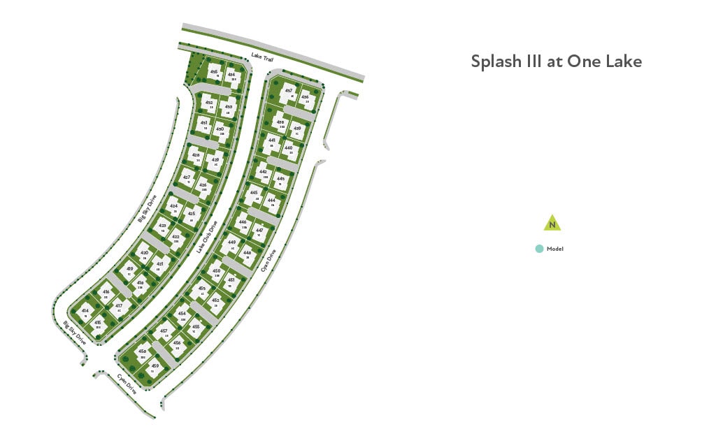 The image appears to be a site plan or layout for a residential development called "Splash III at One Lake". The foreground shows a curved arrangement of residential lots or parcels, while the background features a body of water labeled "One Lake".