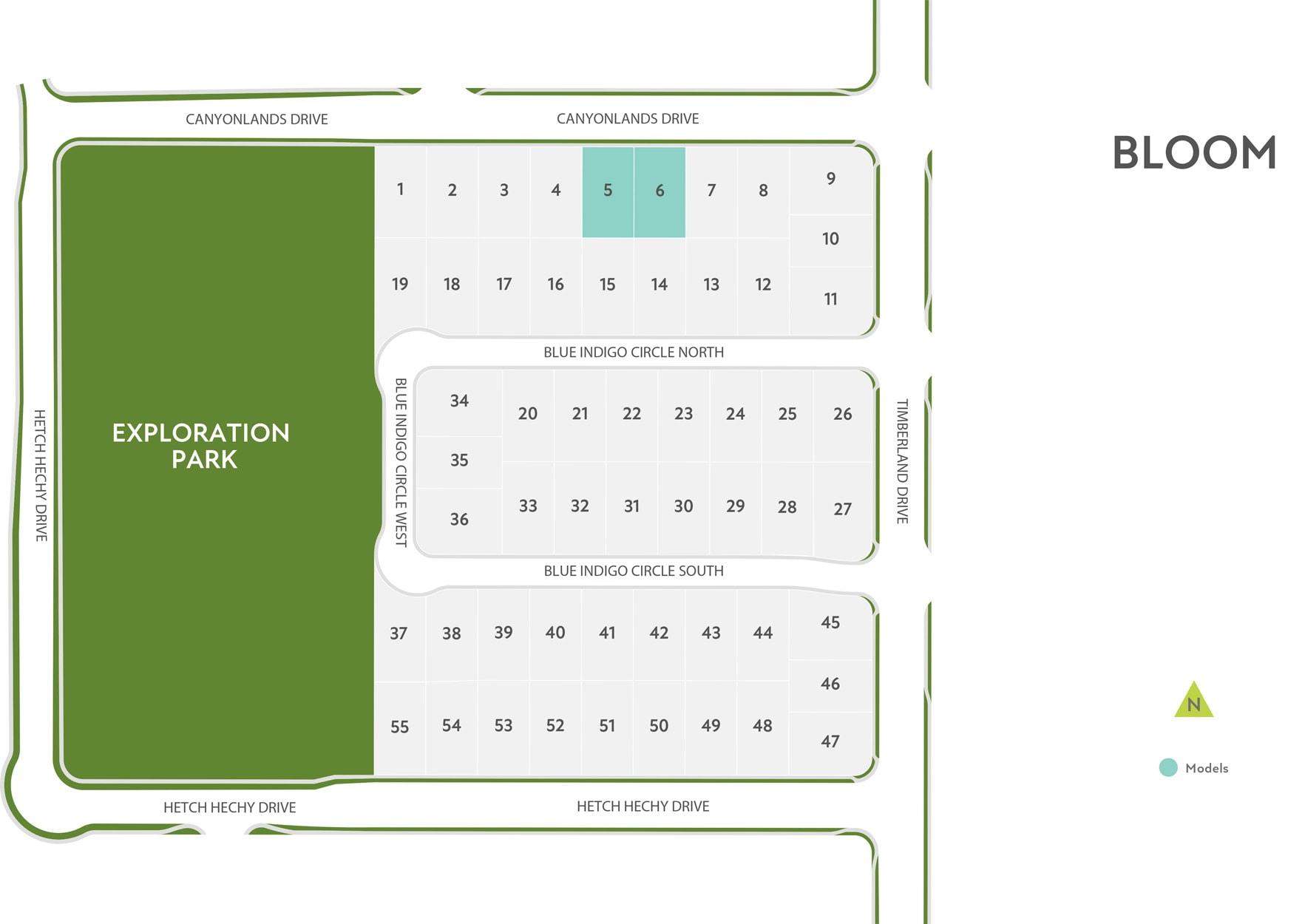 This is a map of Exploration Park, showing the layout of the park with various numbered sections and a legend indicating "Bloom".