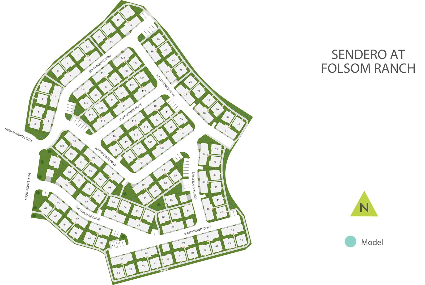 The image is a map of the Sendero at Folsom Ranch, depicting a grid-like layout of residential lots or parcels surrounded by green spaces.