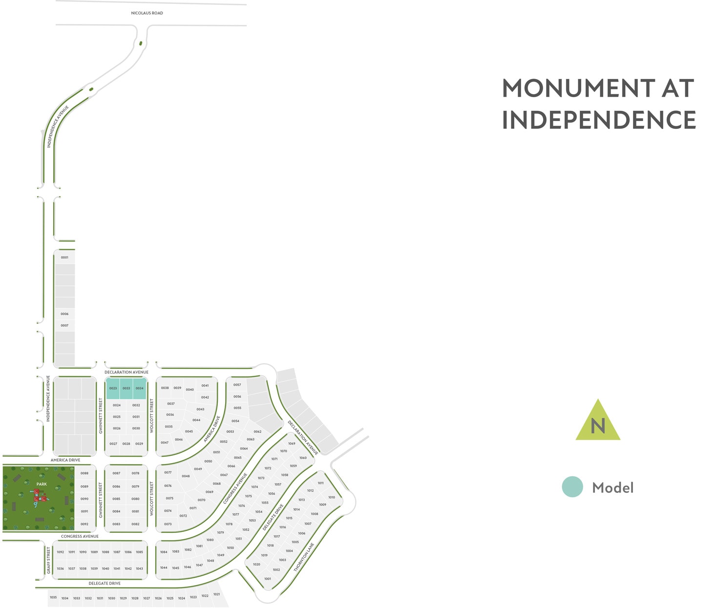 The image appears to be a map or site plan of a residential or commercial development called "Monument at Independence". It includes various buildings, roads, and a green space or park area.