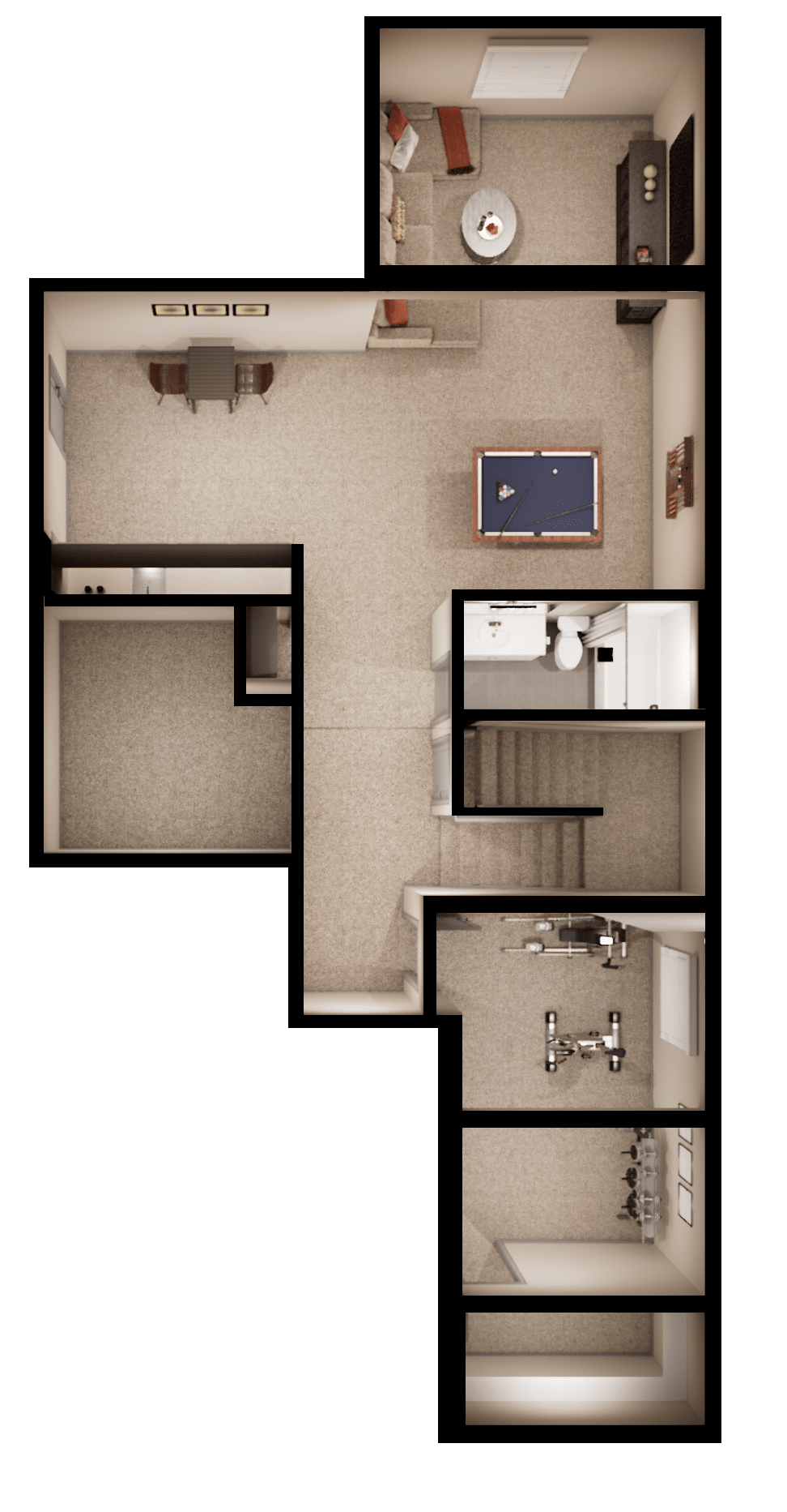 The image appears to be a floor plan or layout of a residential space, showcasing various rooms and features such as a kitchen, living area, and storage spaces.