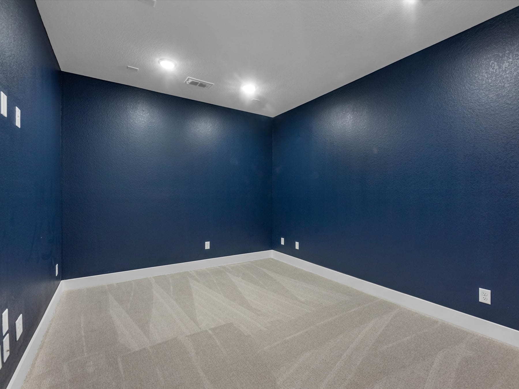 A spacious, empty room with navy blue walls and a light-colored hardwood floor.