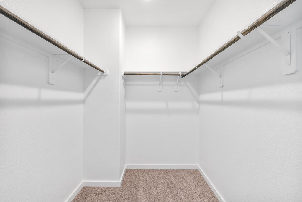 A spacious, well-lit closet with white walls, a carpeted floor, and metal hanging rods for storing clothes.