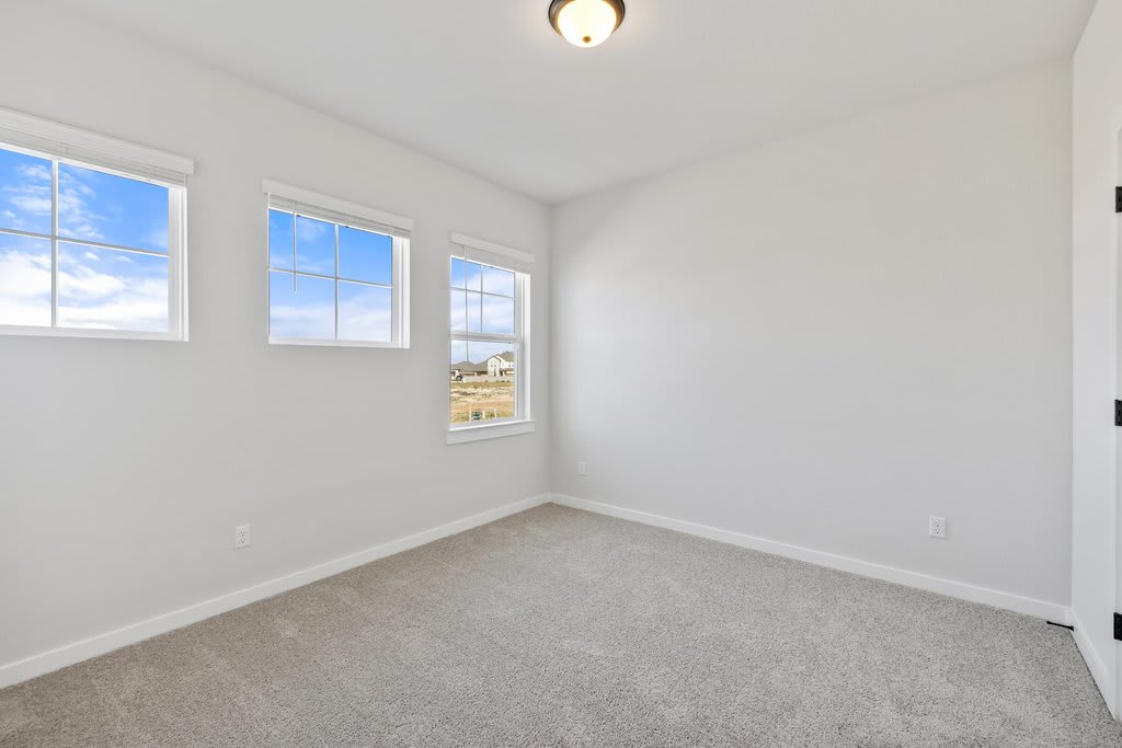 A bright, spacious room with large windows, a ceiling light fixture, and a carpeted floor.