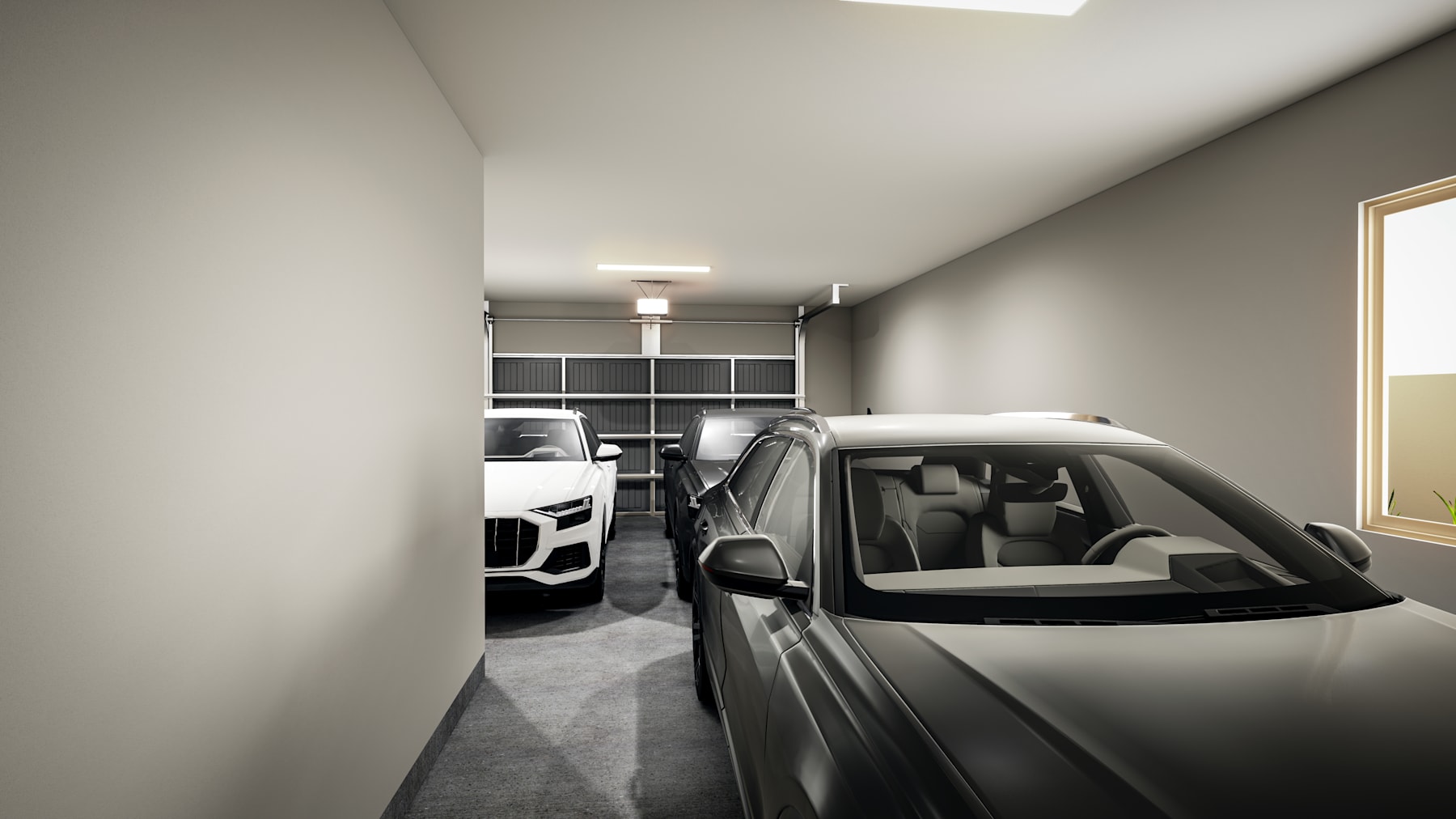 A modern, minimalist garage interior with a sleek, dark-colored car parked in the foreground and shelving units visible in the background.