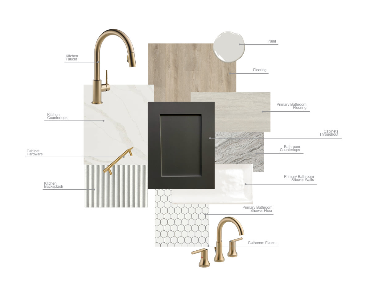 The image presents a collage of various design elements, including a faucet, tiles, and other materials, suggesting a bathroom or kitchen design concept.