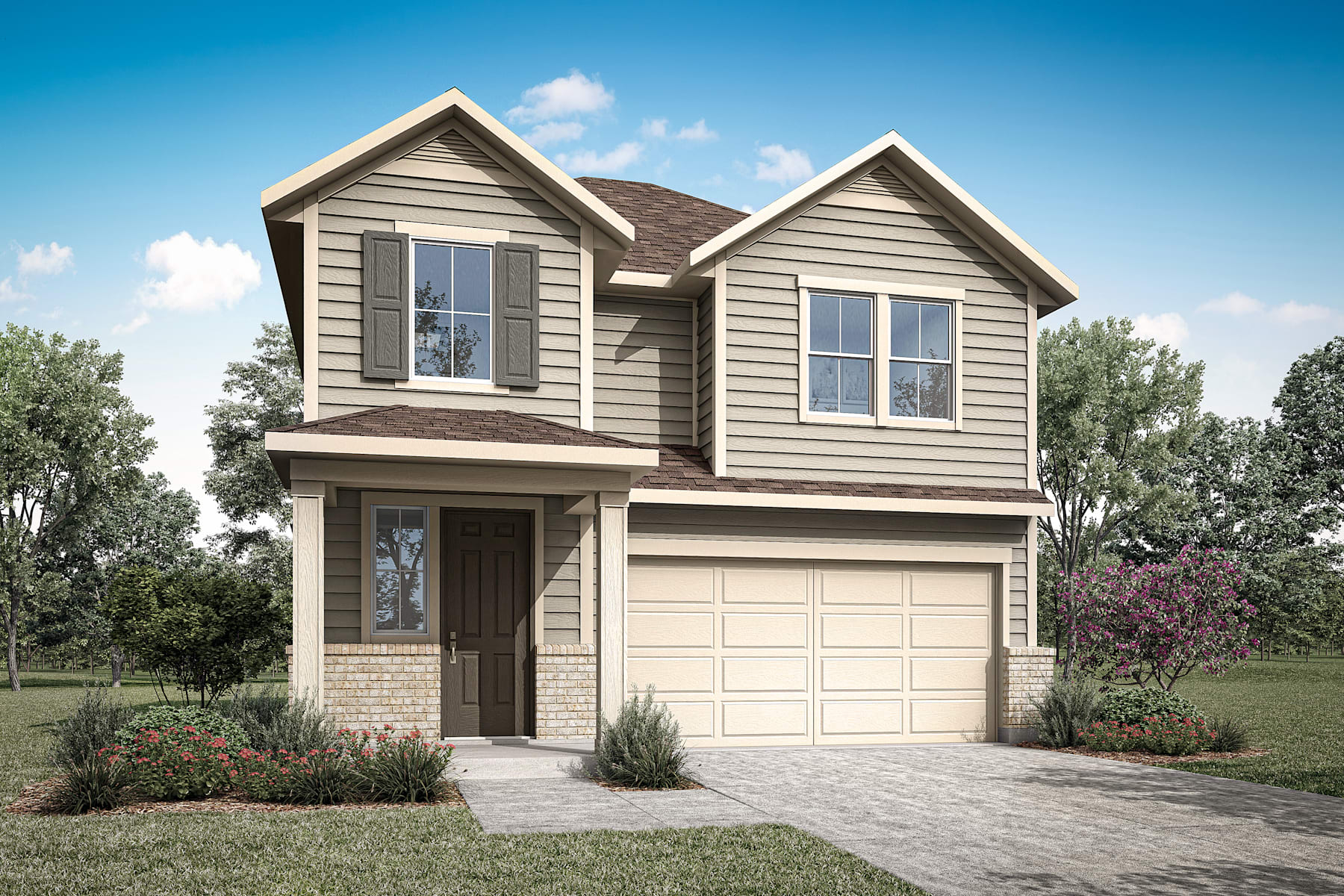 A two-story residential house with a garage, surrounded by lush greenery and a clear blue sky.
