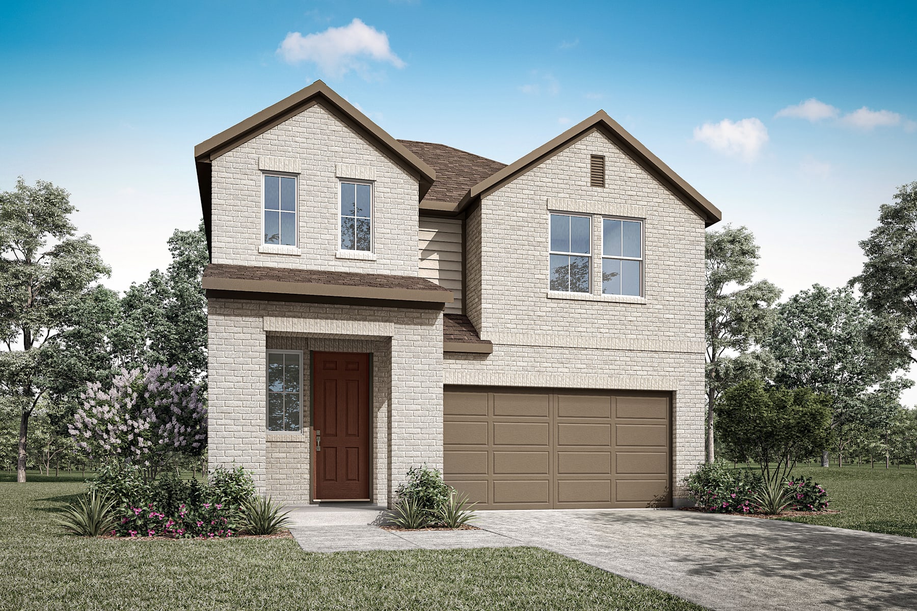 A two-story residential house with a garage, surrounded by trees and greenery, stands in a well-manicured yard.