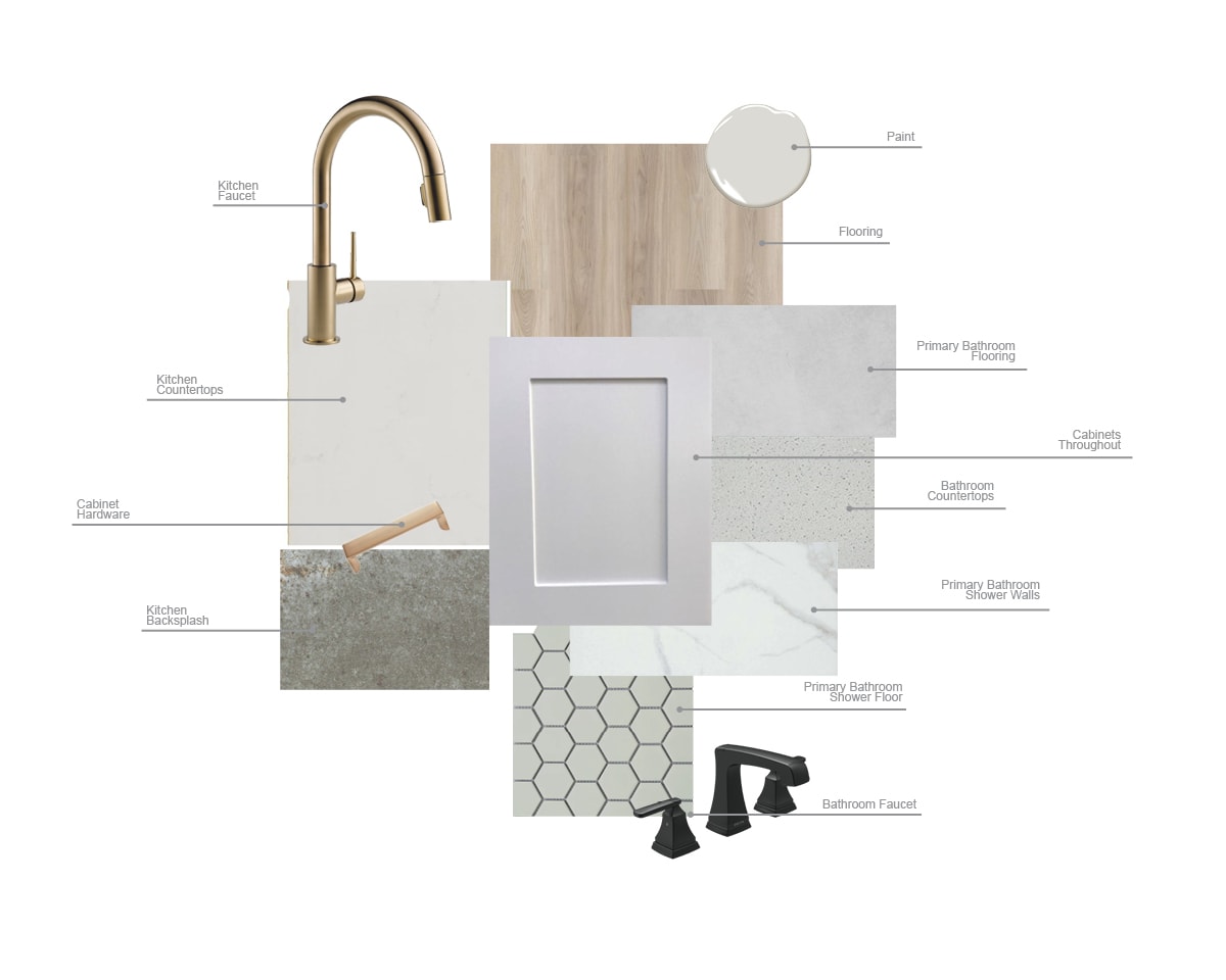 The image presents a collage of various design elements, including a faucet, tiles, and other materials, likely for a bathroom or kitchen design.