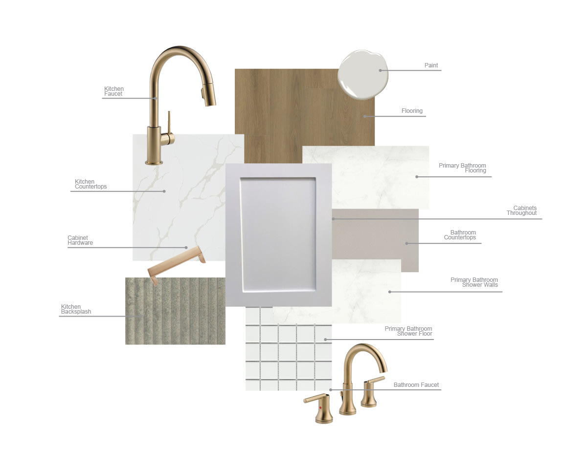 The image presents a collage of various design elements, including a faucet, tiles, and other materials, arranged in a visually appealing manner.