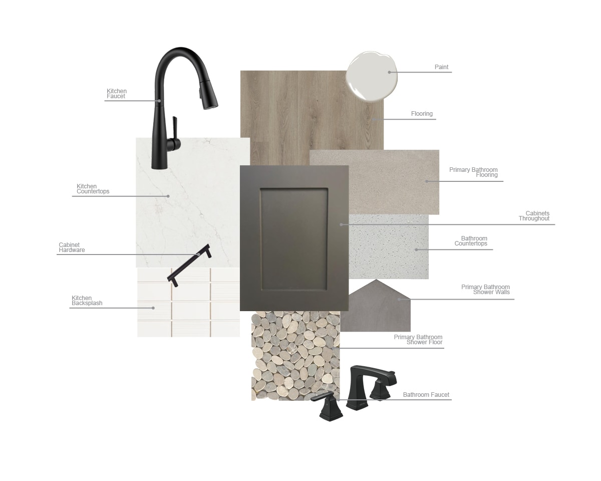 The image presents a collage of various materials and design elements, including a black faucet, a wooden panel, a gray cabinet, and a collection of stone tiles, suggesting a bathroom or kitchen design concept.