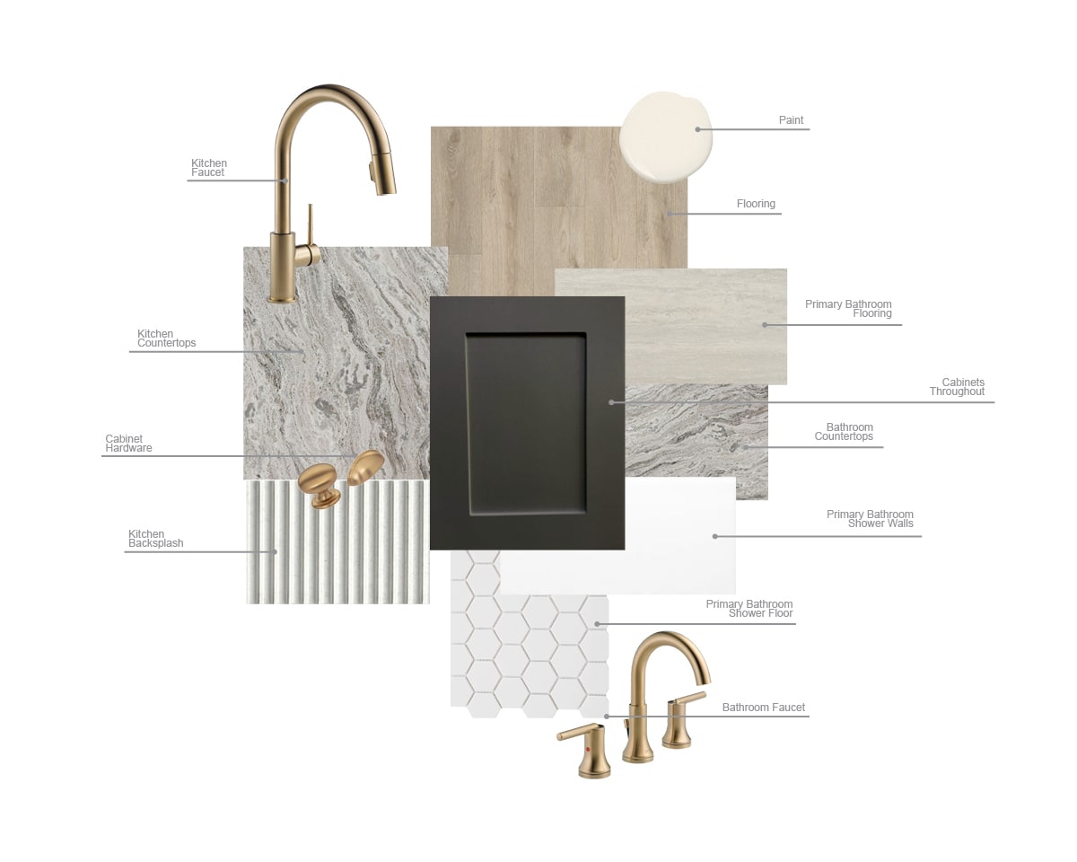 The image presents a collage of various design elements, including a faucet, a mirror, and different types of tiles and materials, suggesting a bathroom or kitchen design concept.